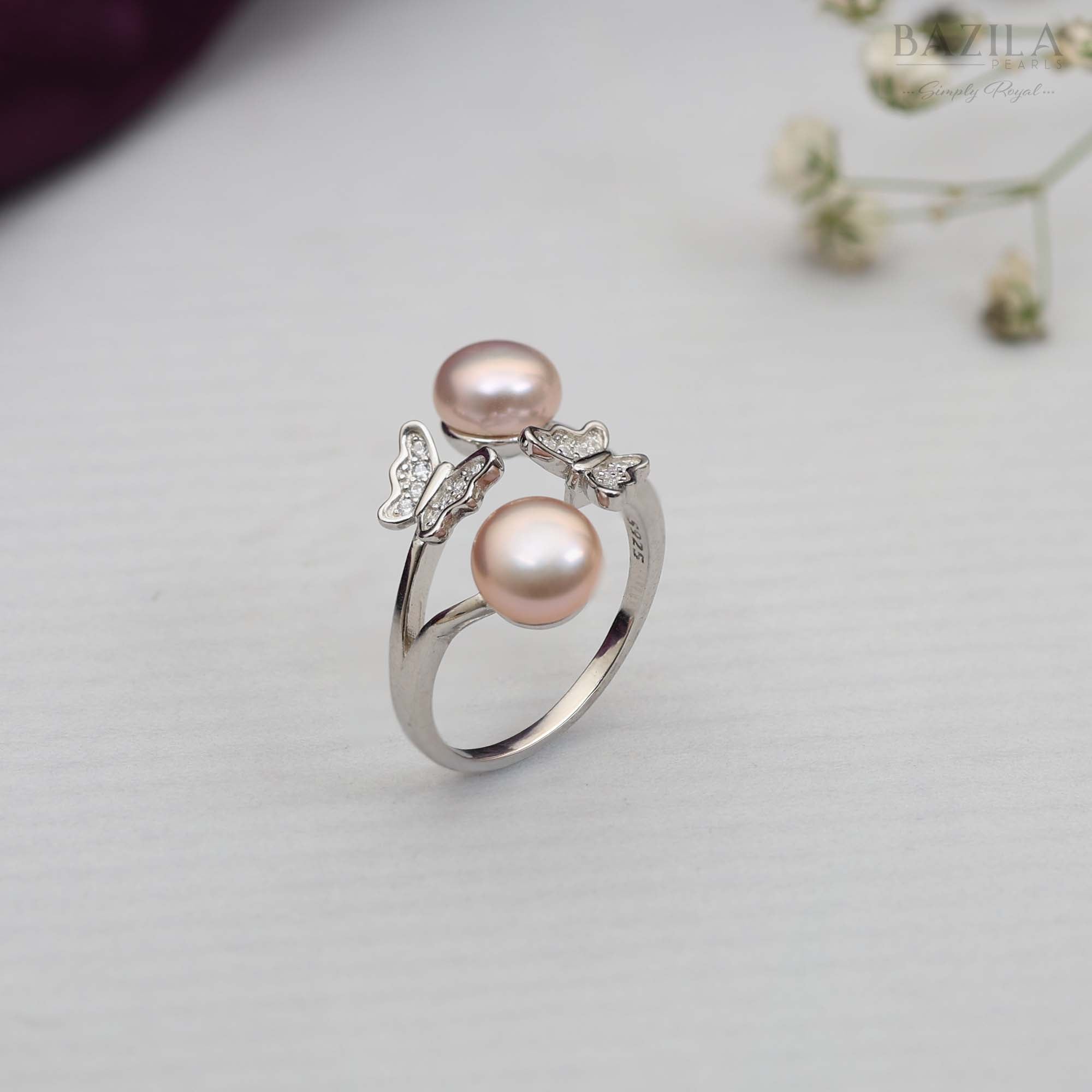Dual Pink Pearl Ring with Butterfly Motifs in Silver Finish