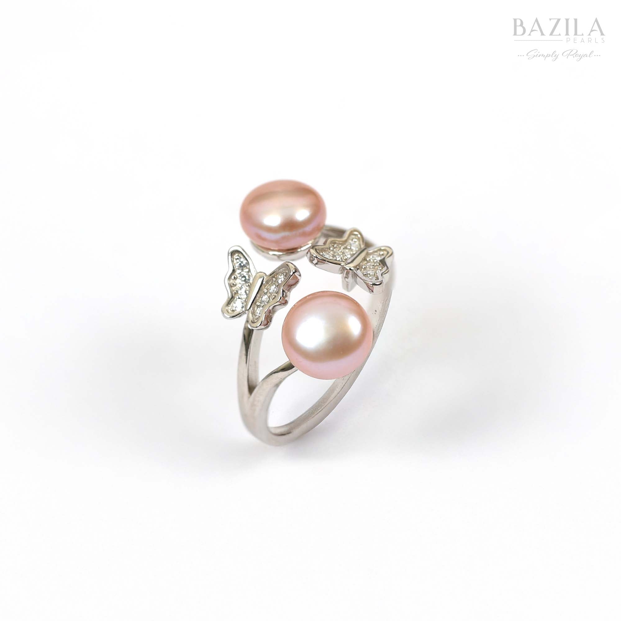Dual Pink Pearl Ring with Butterfly Motifs in Silver Finish