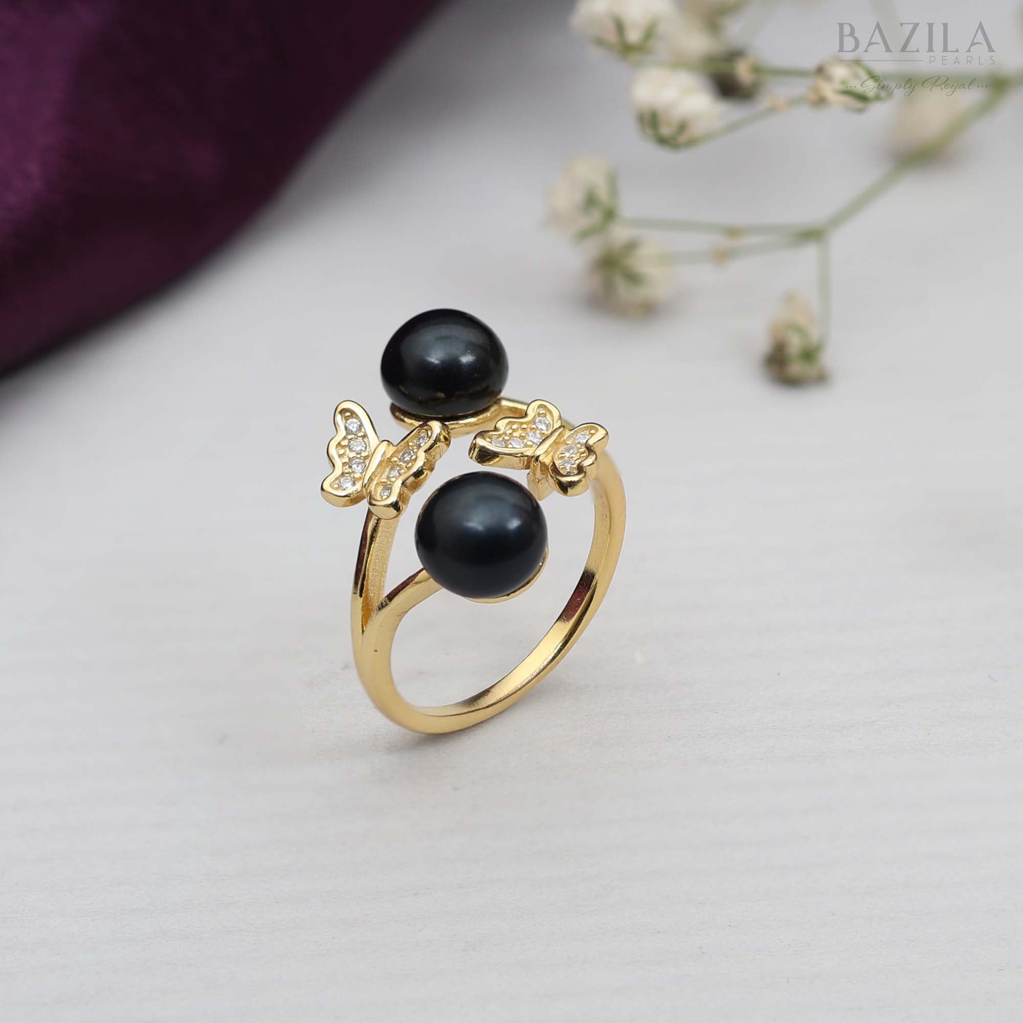 Double Black Pearl Butterfly Ring in Gold Finish
