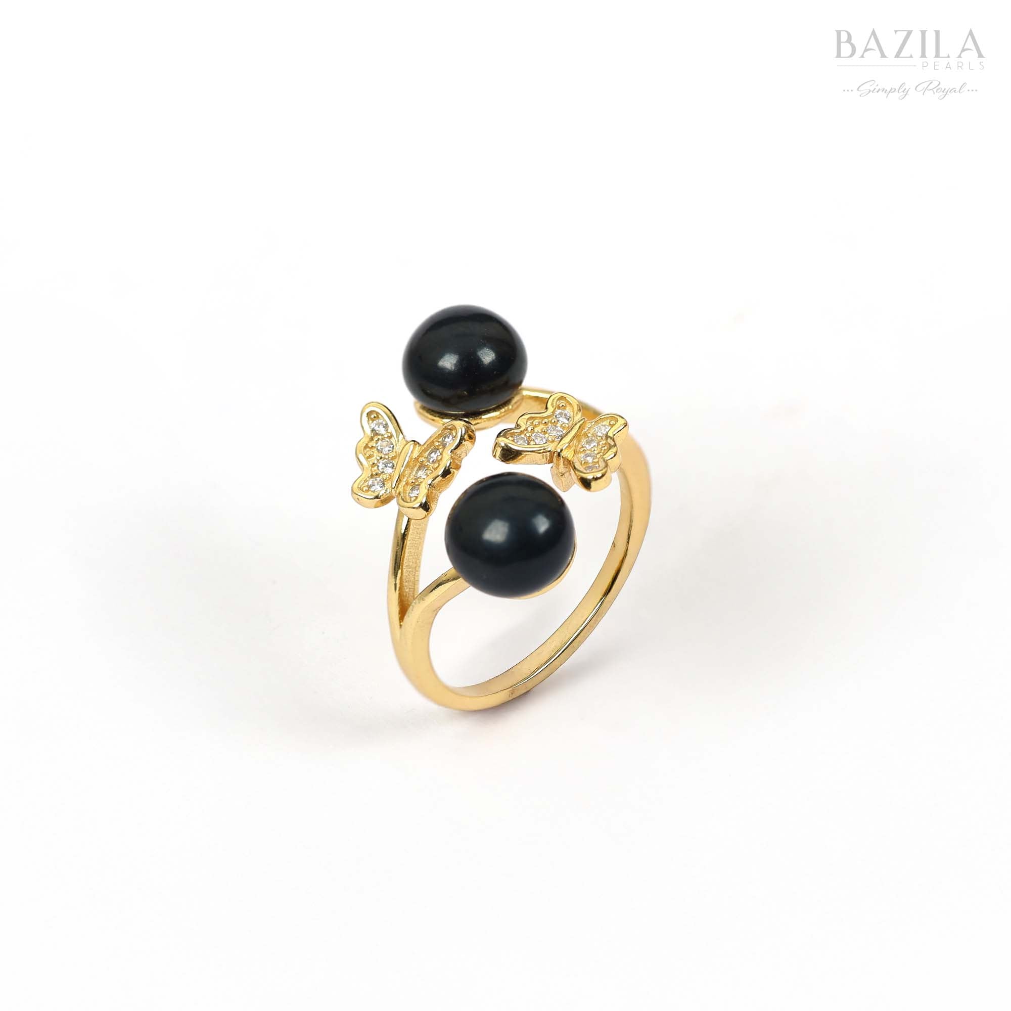 Double Black Pearl Butterfly Ring in Gold Finish
