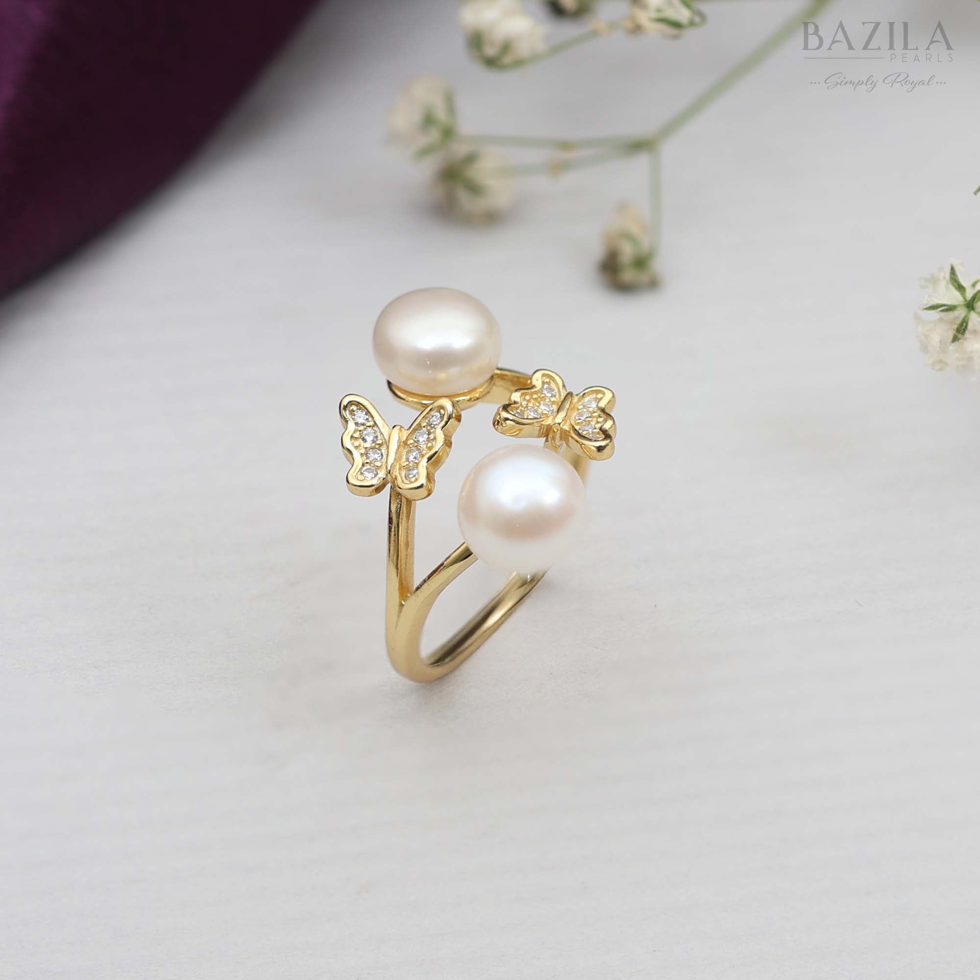 Double White Pearl Butterfly Ring in Gold Finish