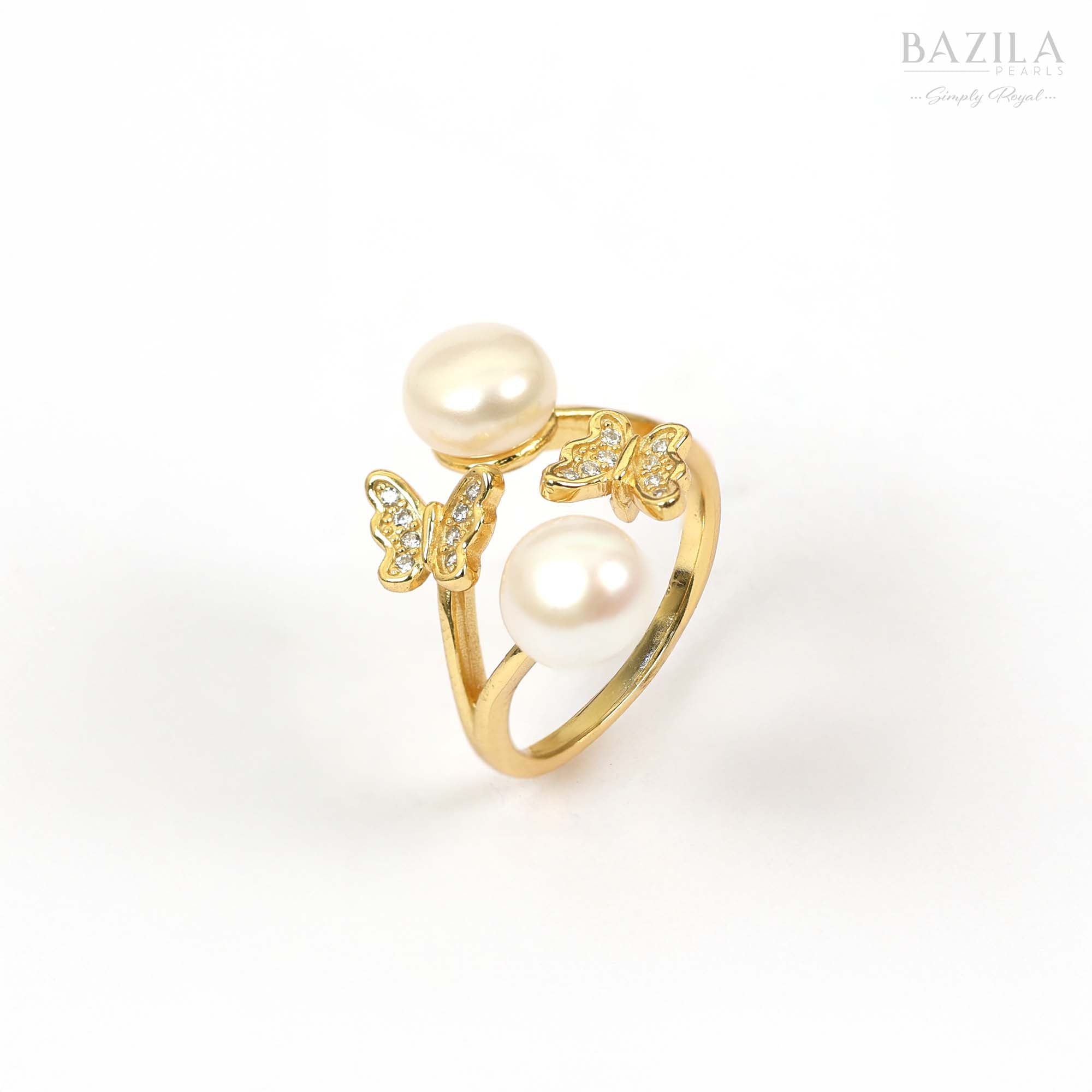 Double White Pearl Butterfly Ring in Gold Finish