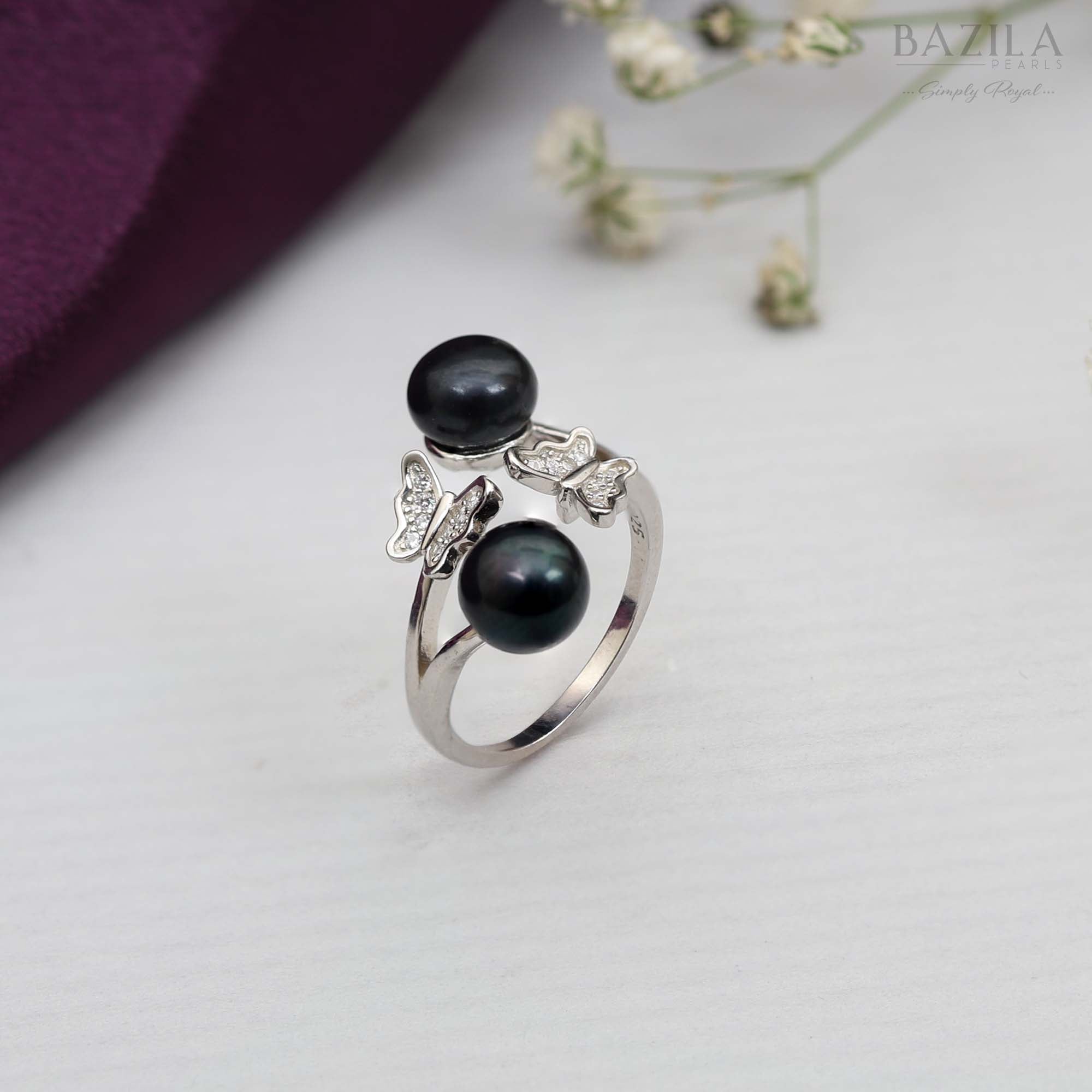 Double Black Pearl Butterfly Ring in Silver Finish