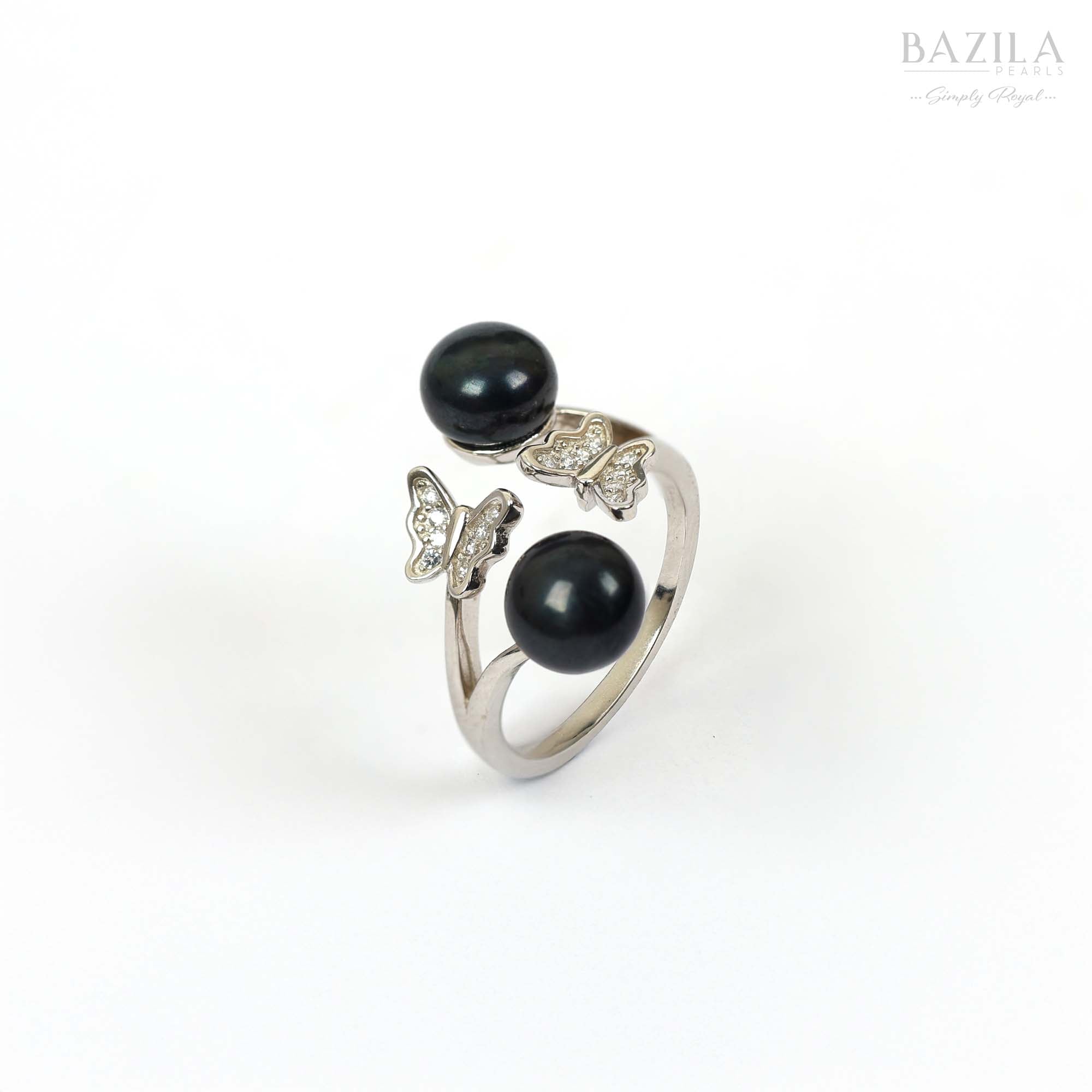 Double Black Pearl Butterfly Ring in Silver Finish