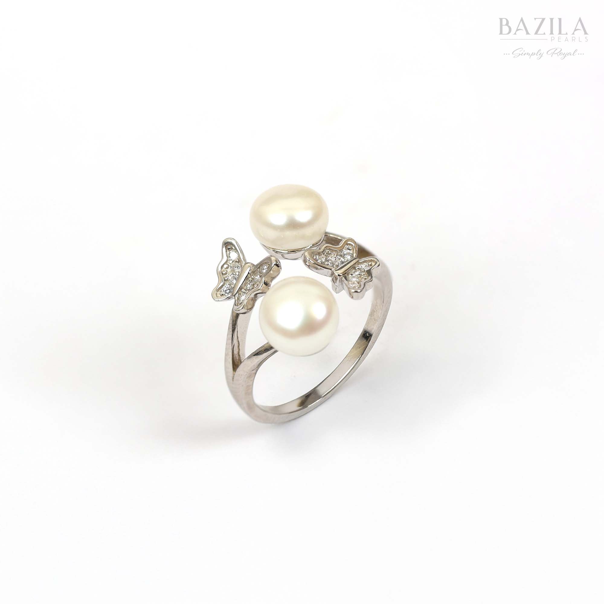 Butterfly-Adorned Double Pearl Ring – Silver Finish