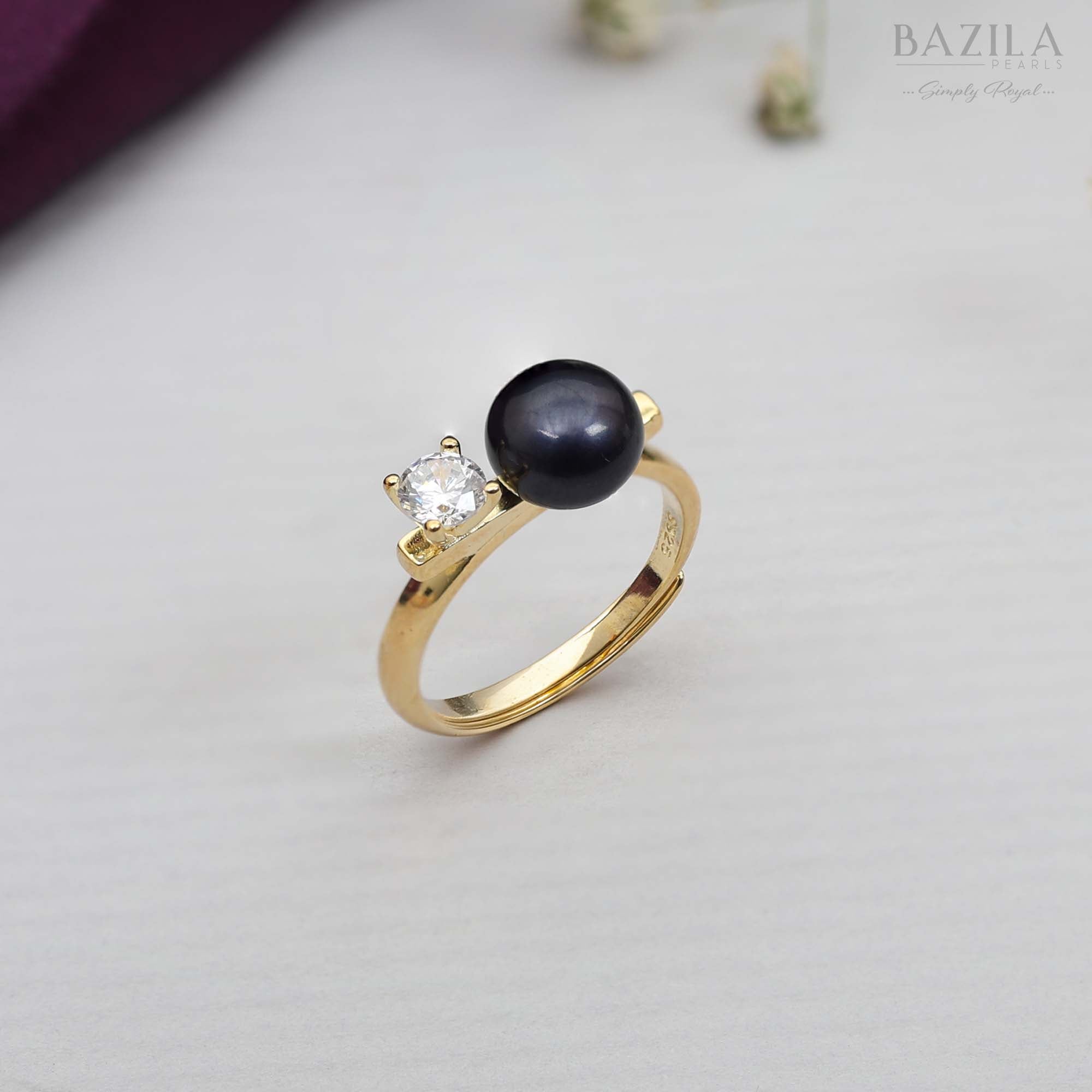 Black Pearl & Crystal Duo Ring in Gold-Tone Sterling Silver