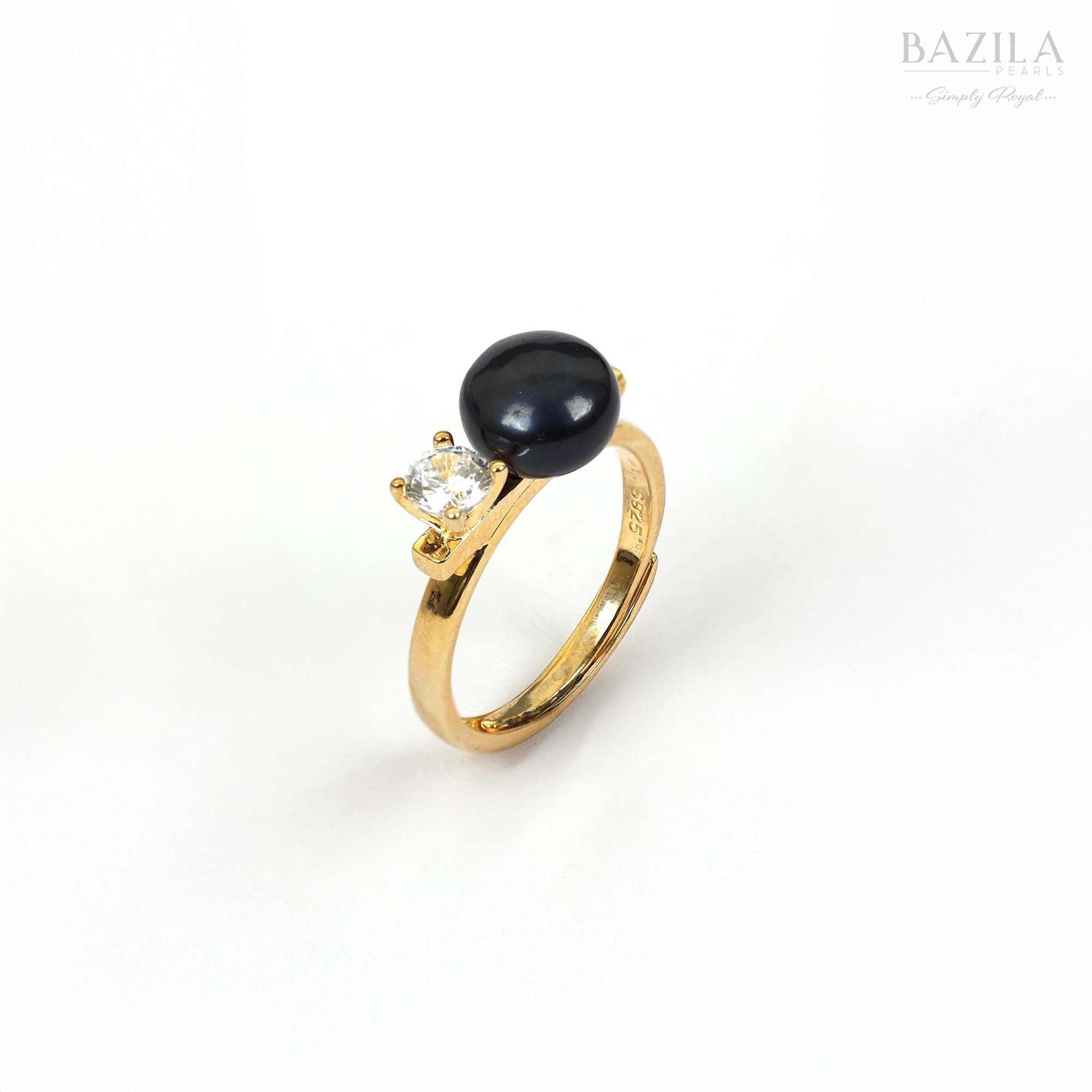 Black Pearl & Crystal Duo Ring in Gold-Tone Sterling Silver