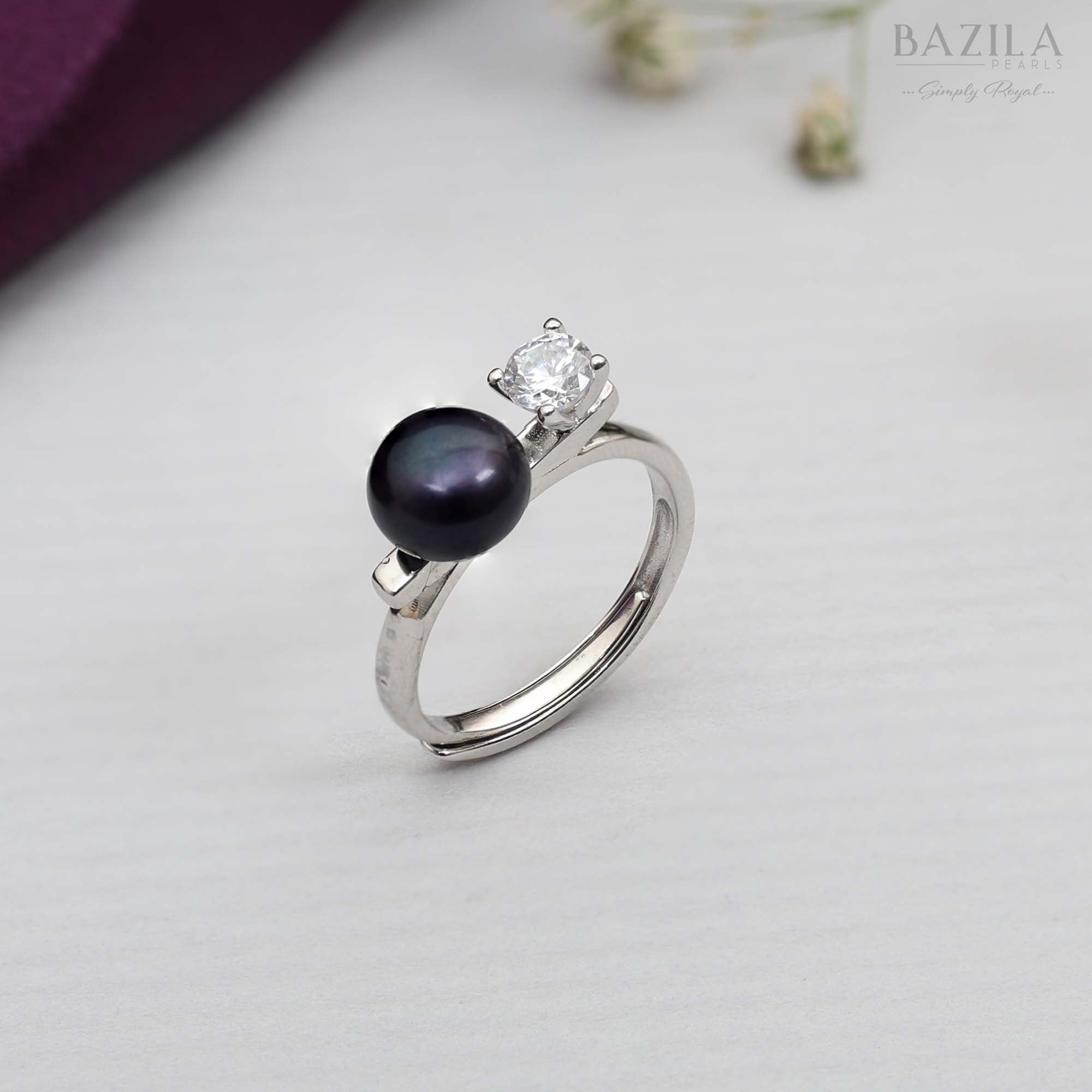 Black Pearl & Solitaire Ring in Silver Finish