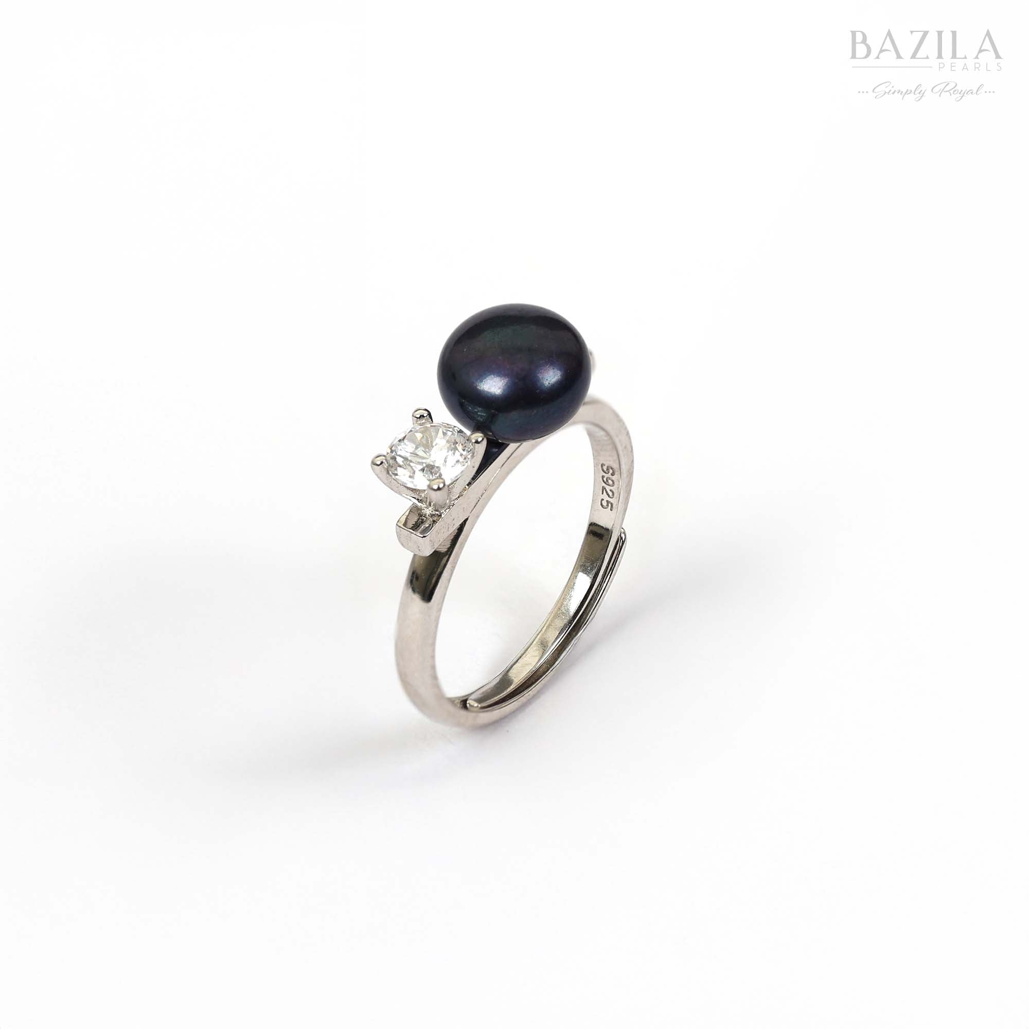 Black Pearl & Solitaire Ring in Silver Finish