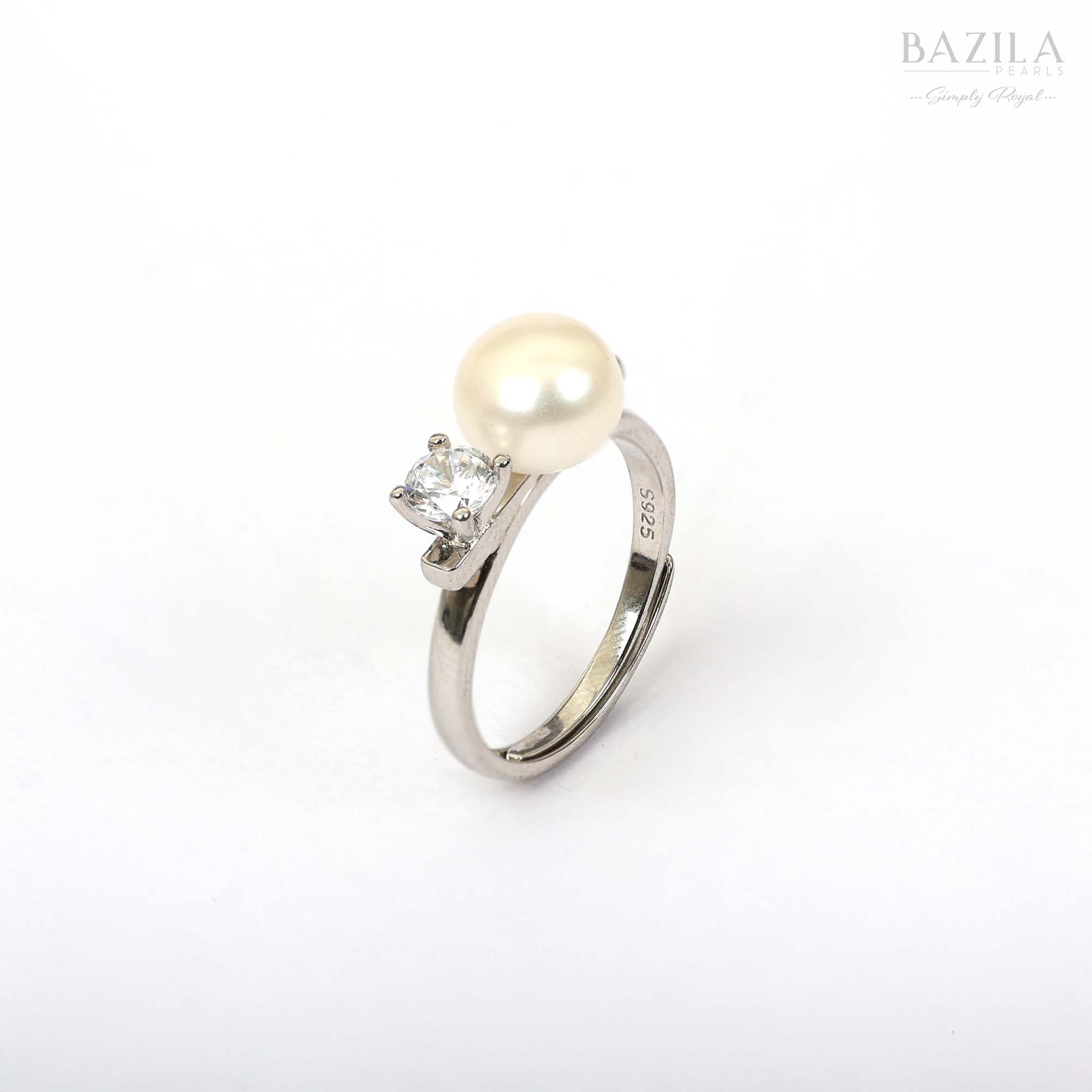White Pearl & Solitaire Ring in Silver Finish