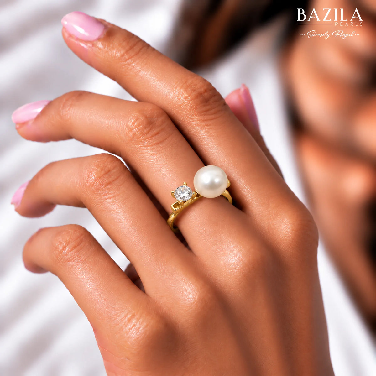 White Pearl & Solitaire Ring in Gold-Tone Finish