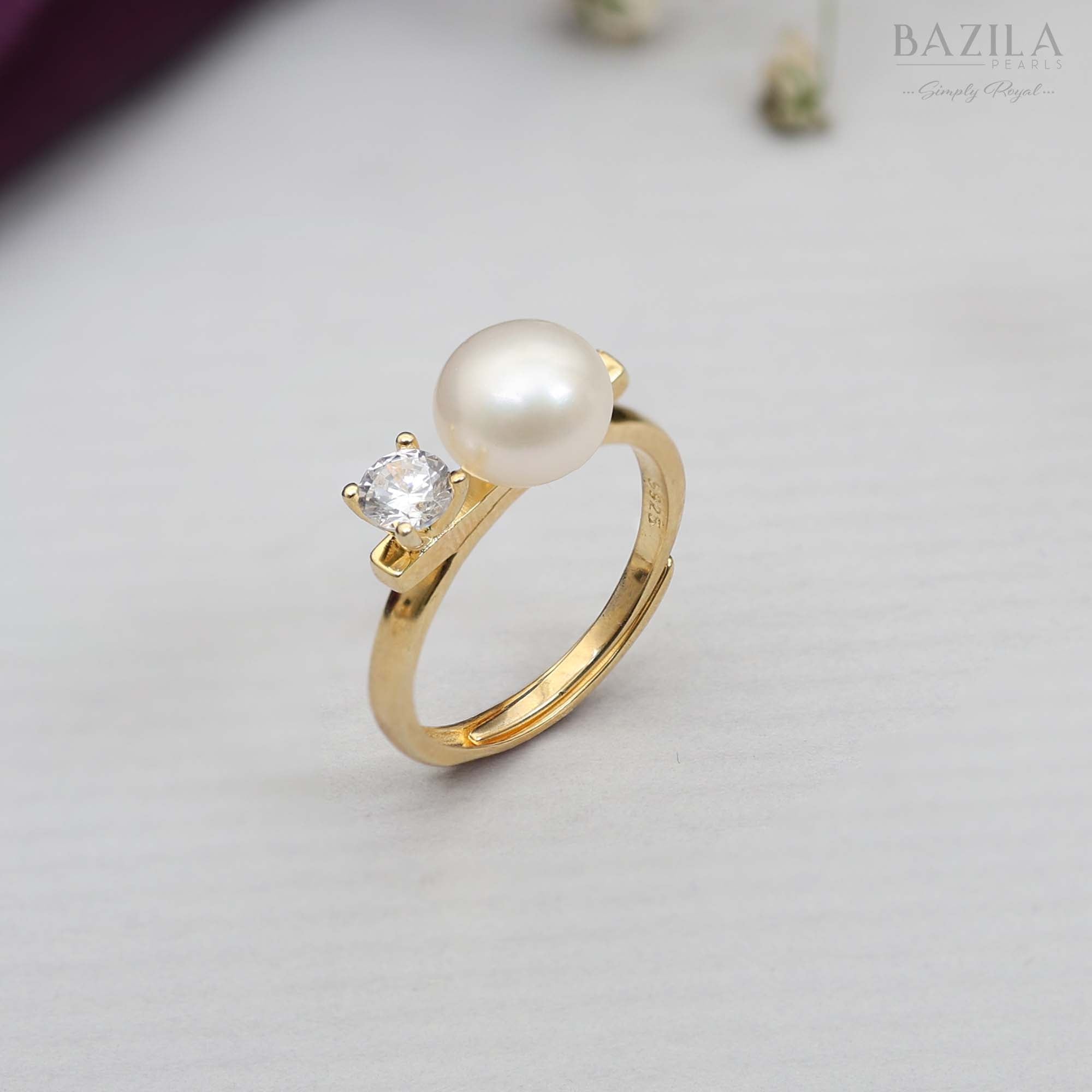 White Pearl & Solitaire Ring in Gold-Tone Finish