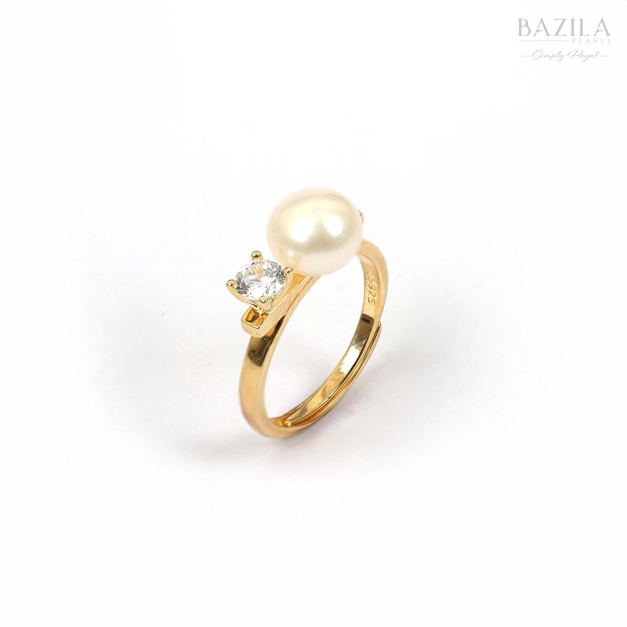 White Pearl & Solitaire Ring in Gold-Tone Finish