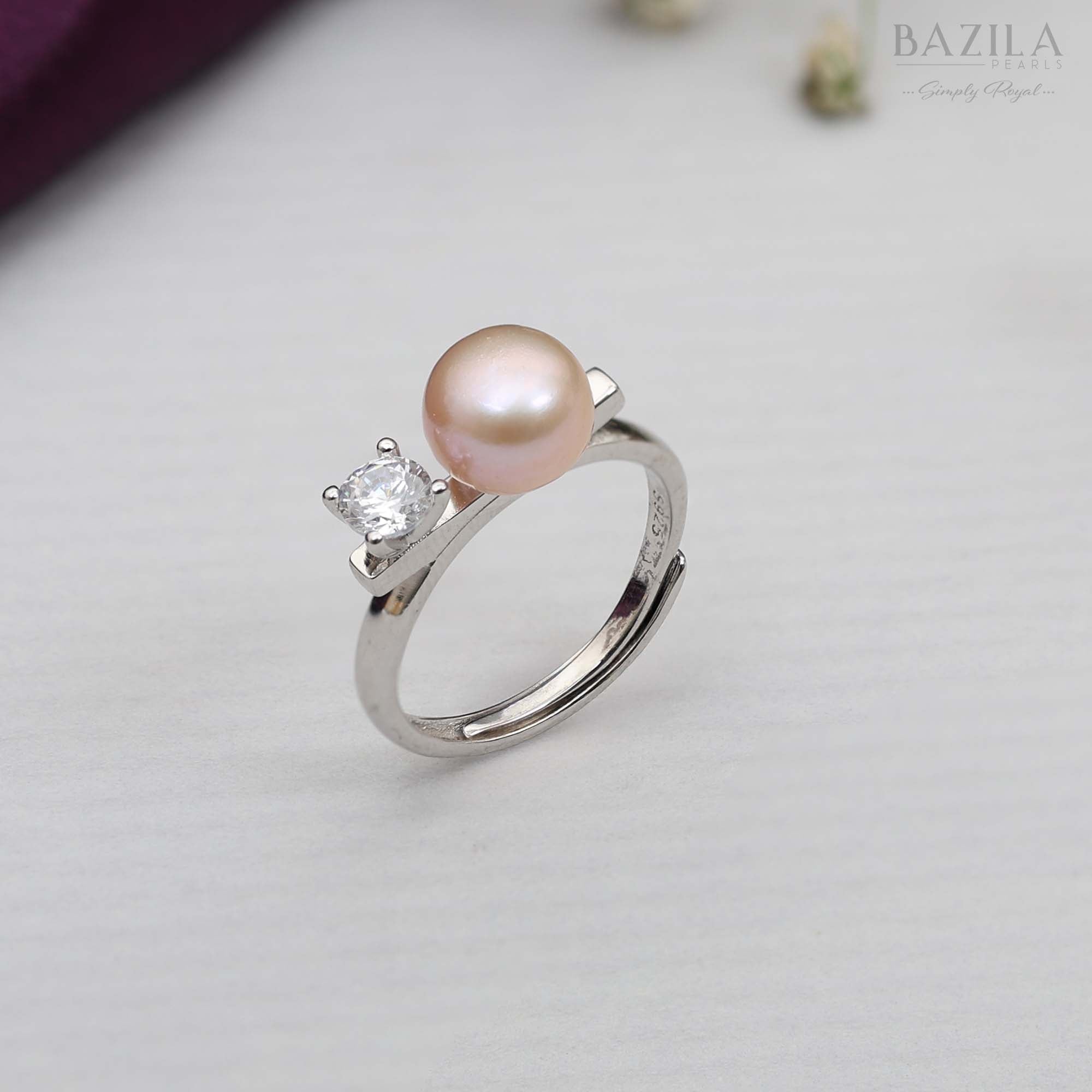 Pink Pearl & Solitaire Ring in Silver Finish
