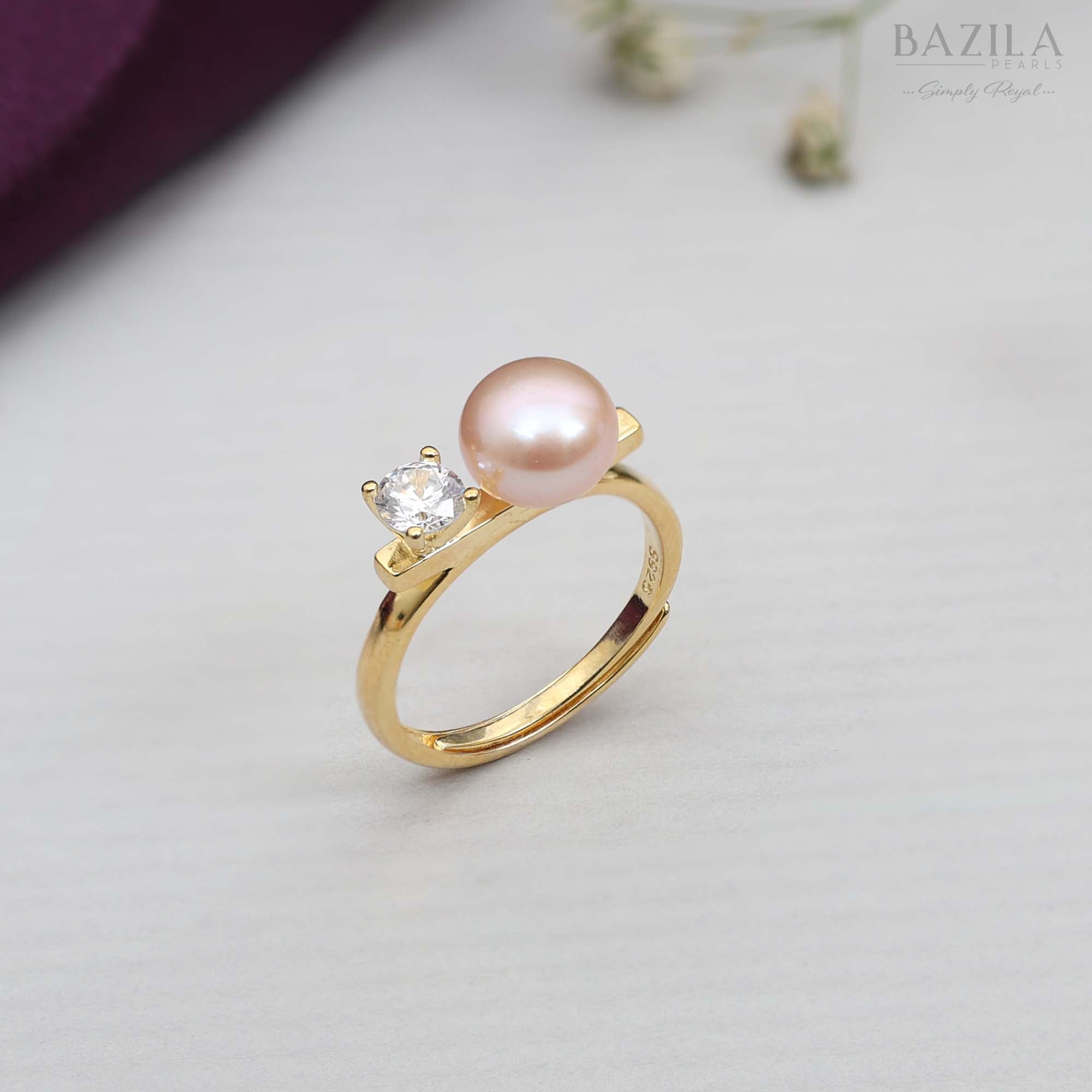 Pink Pearl & Solitaire Ring in Gold Tone
