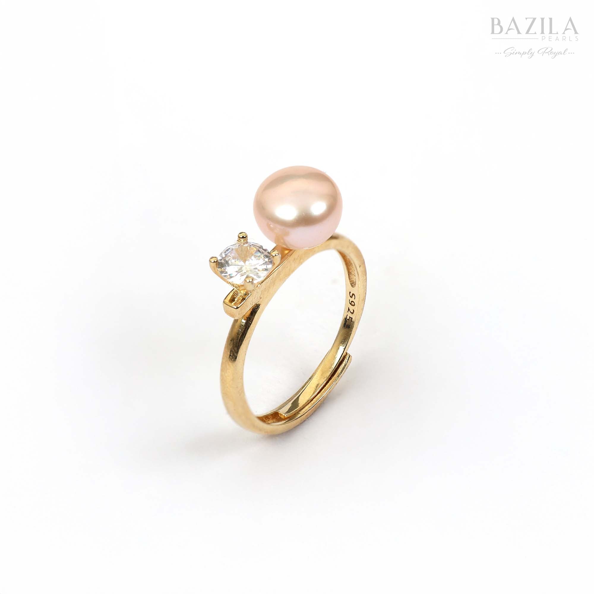 Pink Pearl & Solitaire Ring in Gold Tone