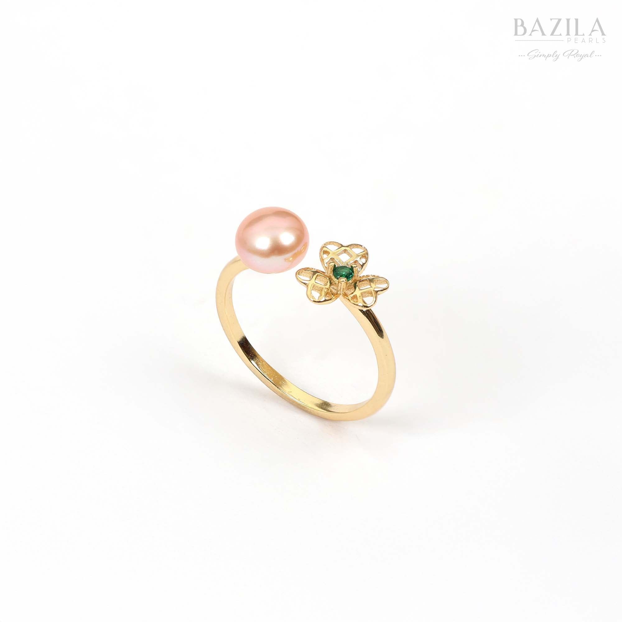 Peach Pearl & Emerald Clover Ring in Gold Finish