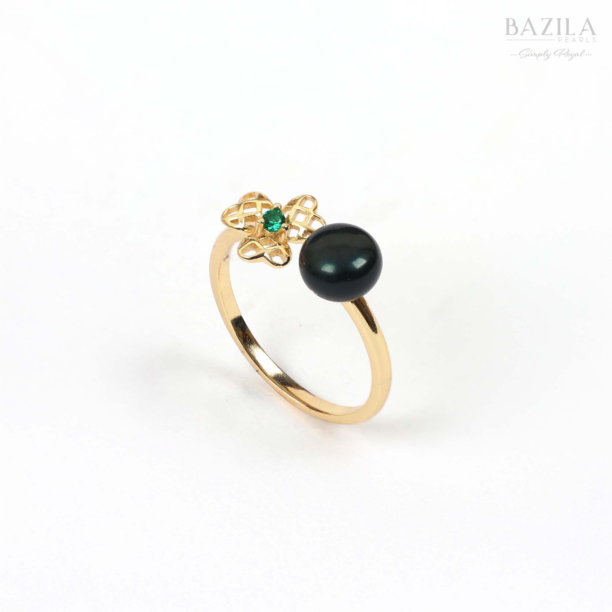 Black Pearl & Emerald Clover Ring in Gold-Tone Finish