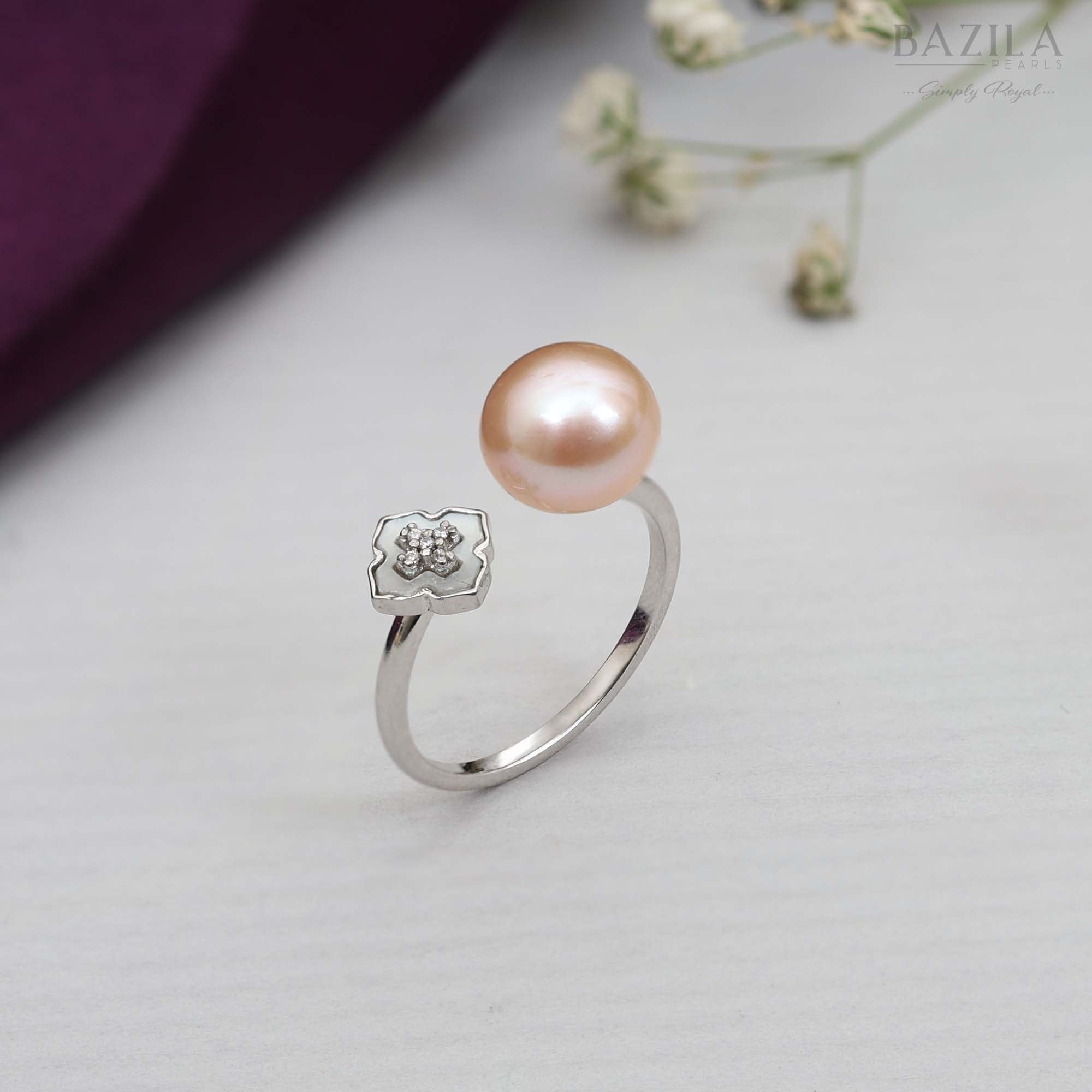 Pink Pearl Floral Ring in Silver Finish with Diamond Accent