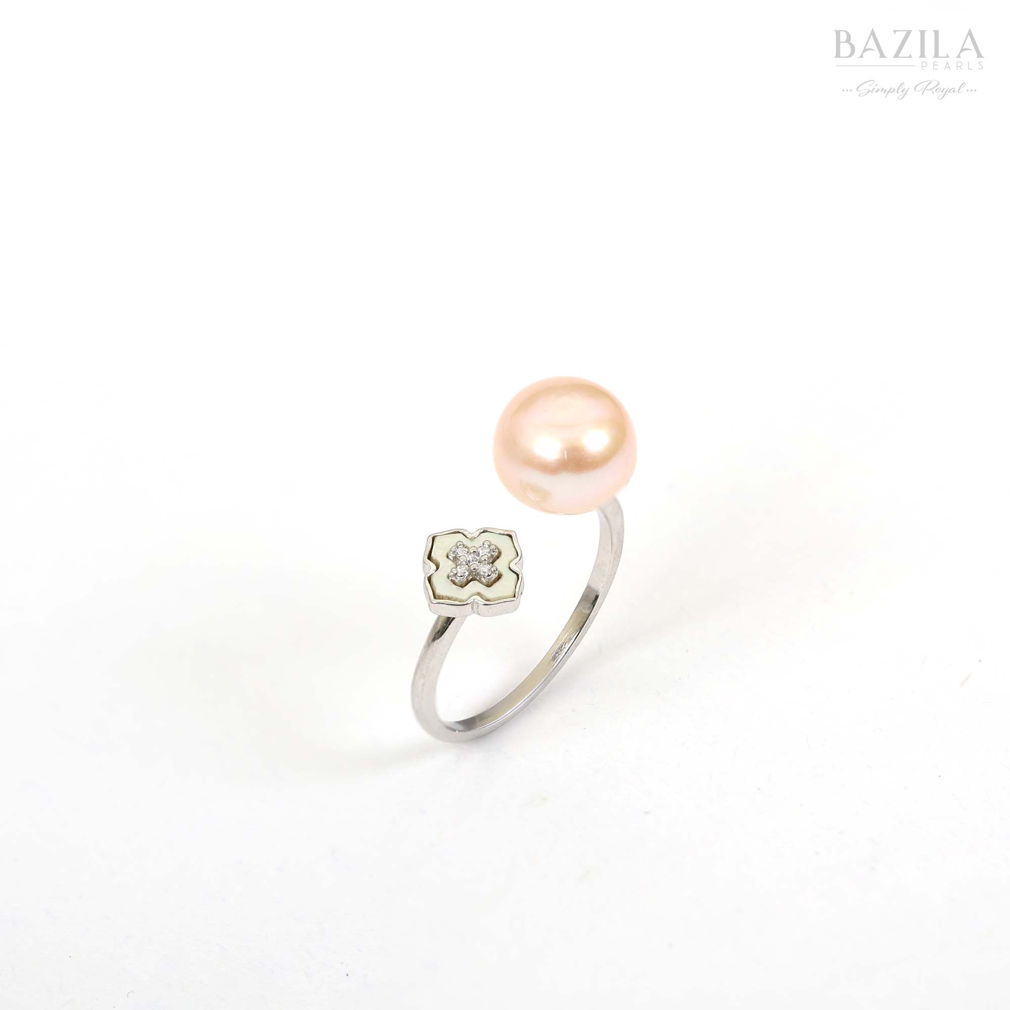 Pink Pearl Floral Ring in Silver Finish with Zircon Accent