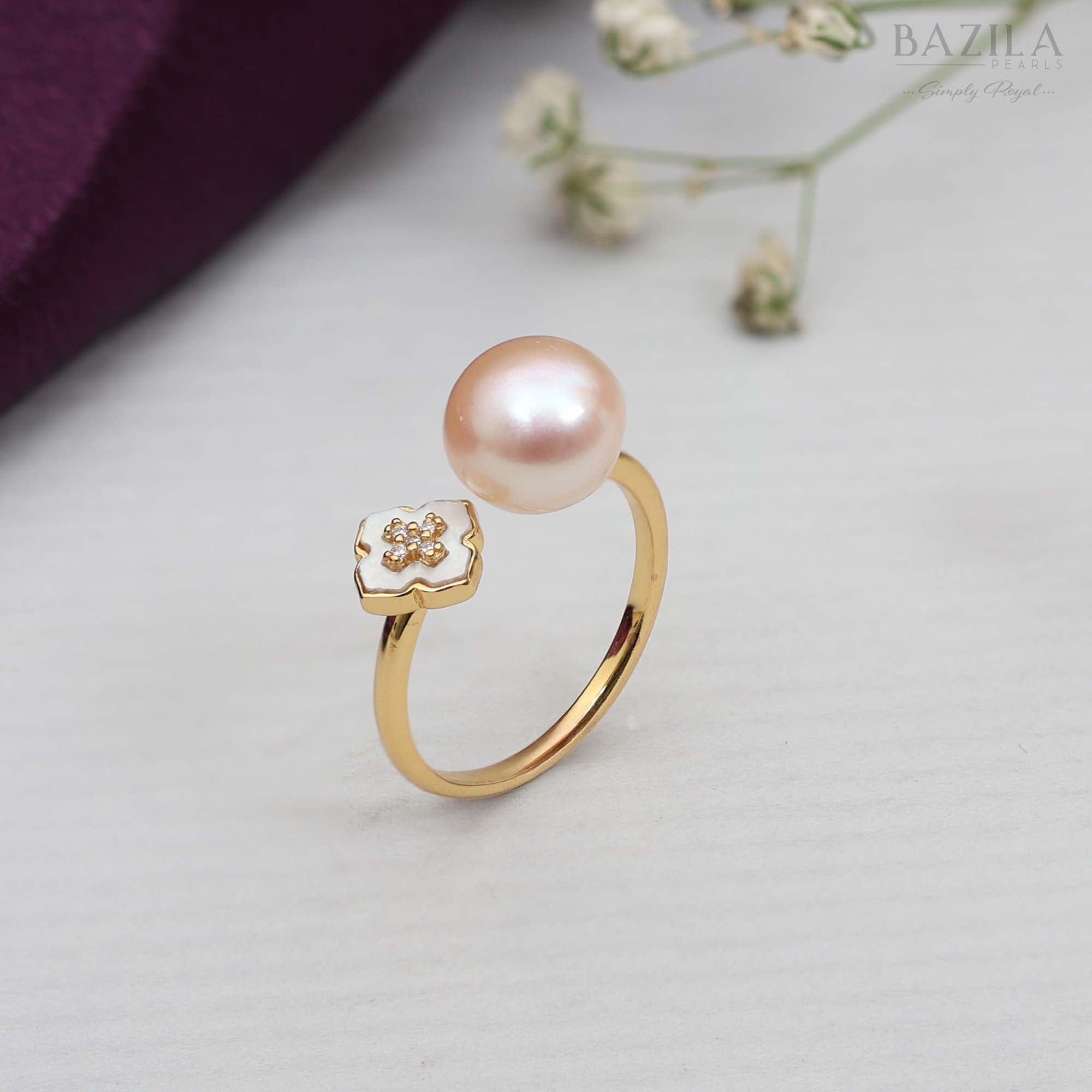 Peach Pearl Floral Ring in Gold Finish
