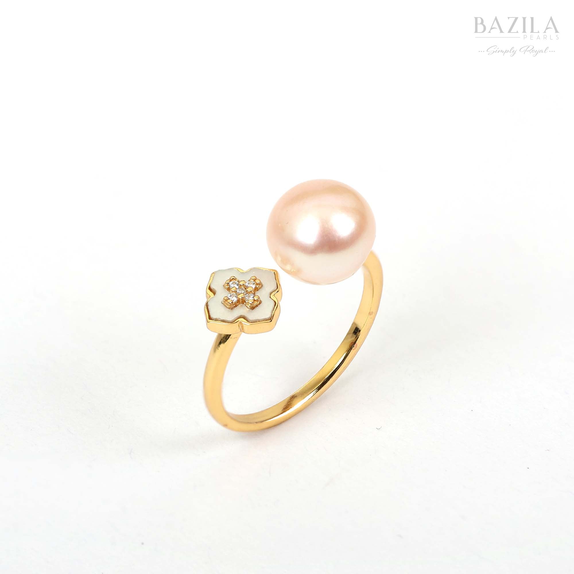 Peach Pearl Floral Ring in Gold Finish