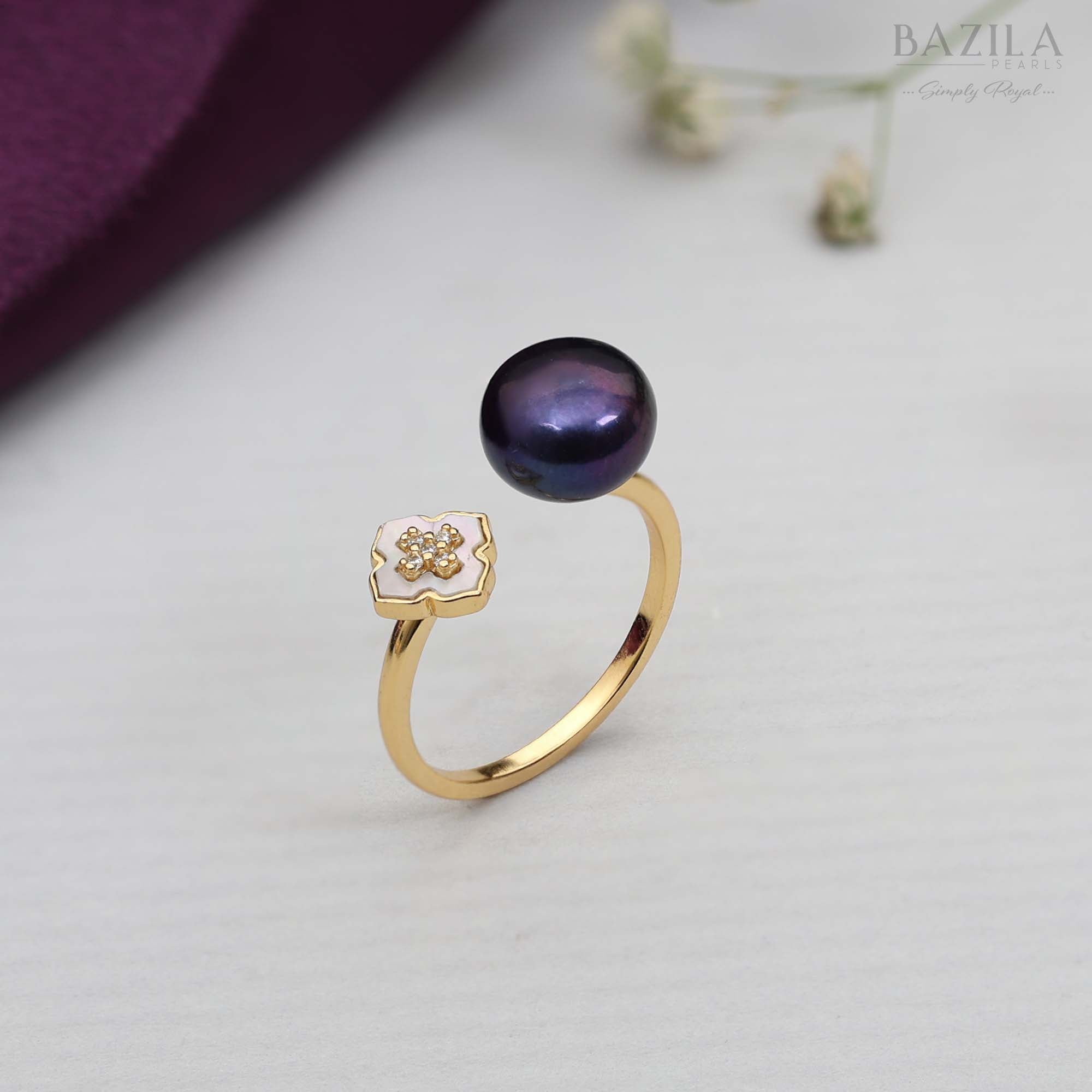 Black Pearl Floral Ring in Gold Finish