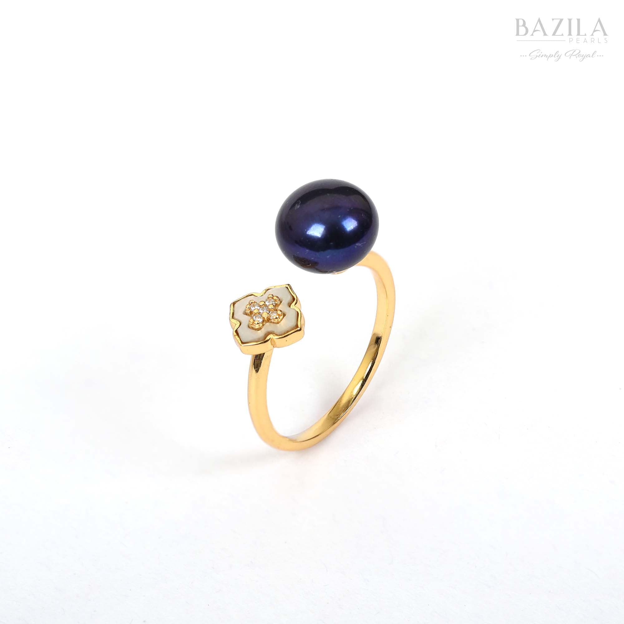 Black Pearl Floral Ring in Gold Finish