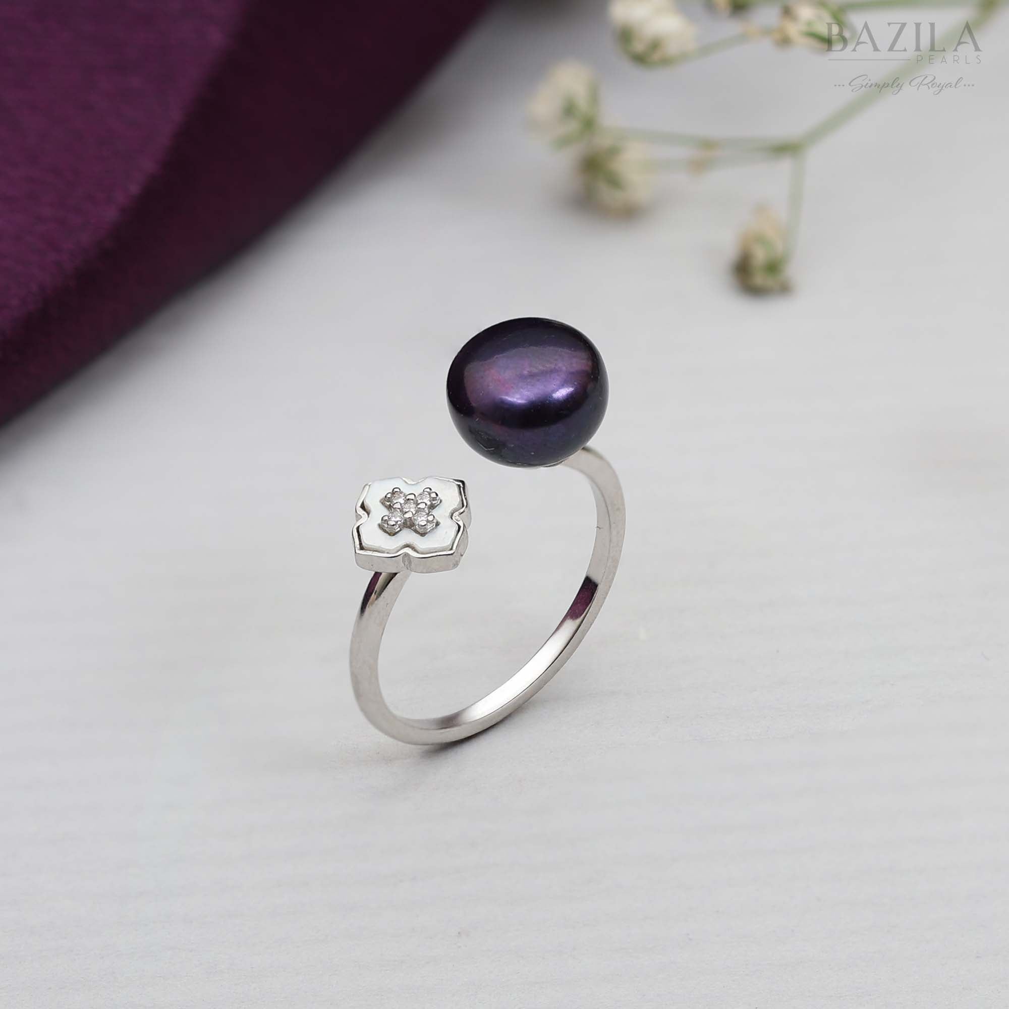 Black Pearl Floral Ring in Silver Finish