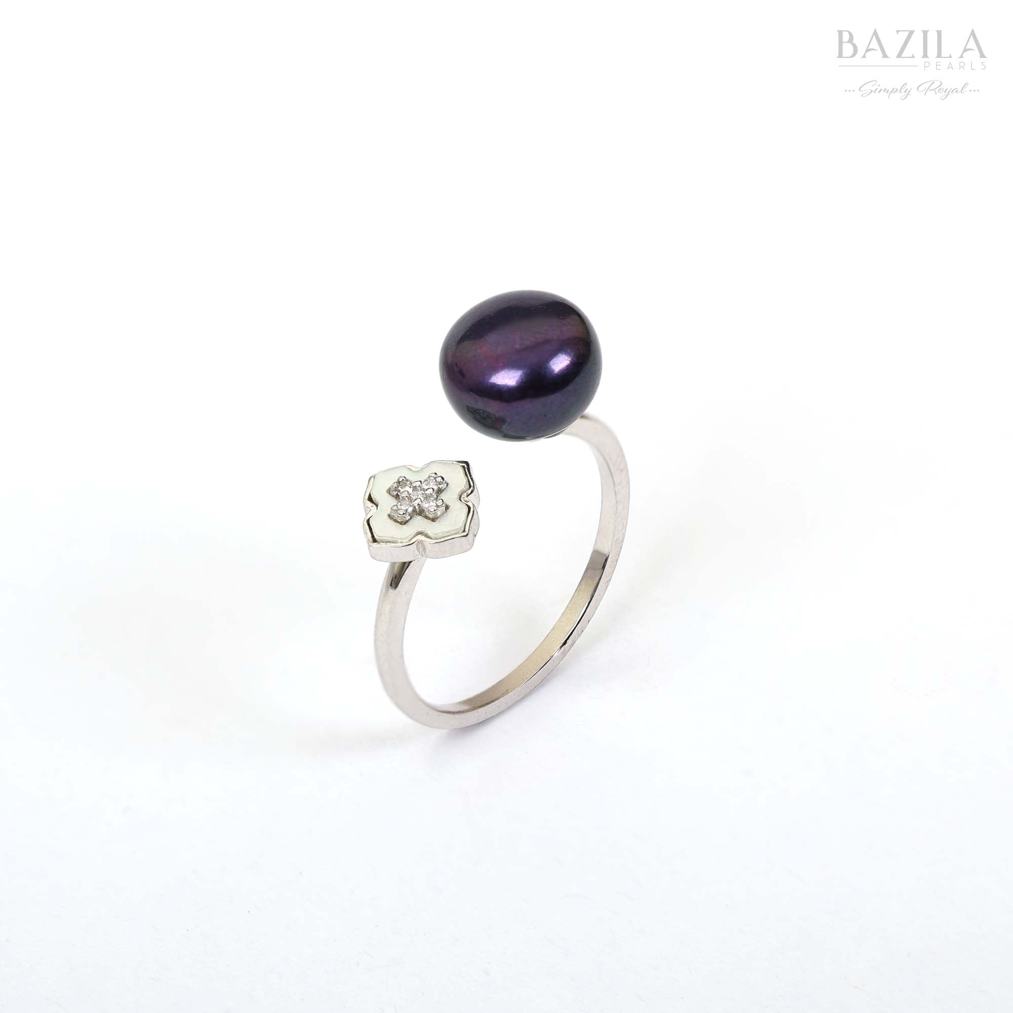 Black Pearl Floral Ring in Silver Finish