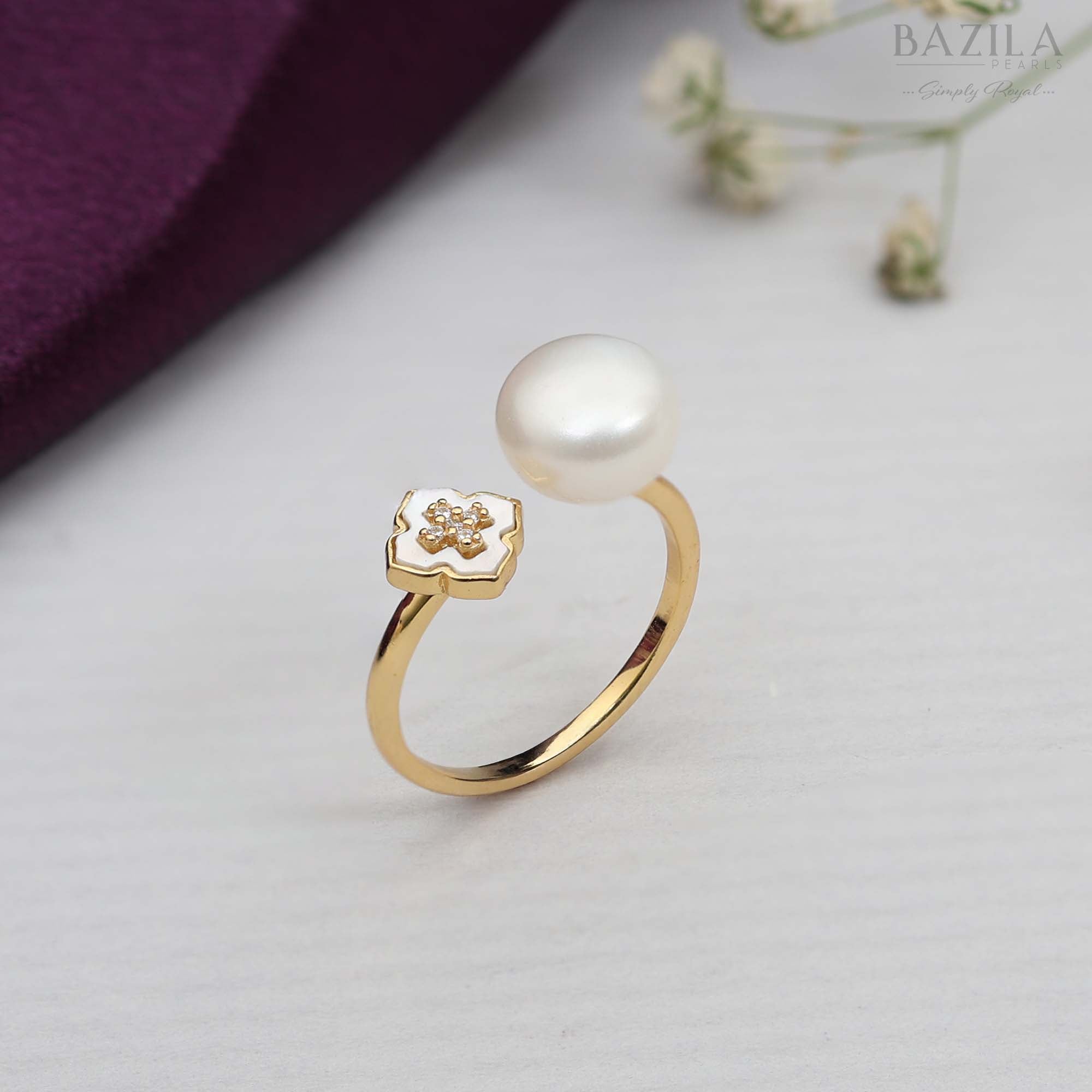 White Pearl Floral Ring in Gold Finish