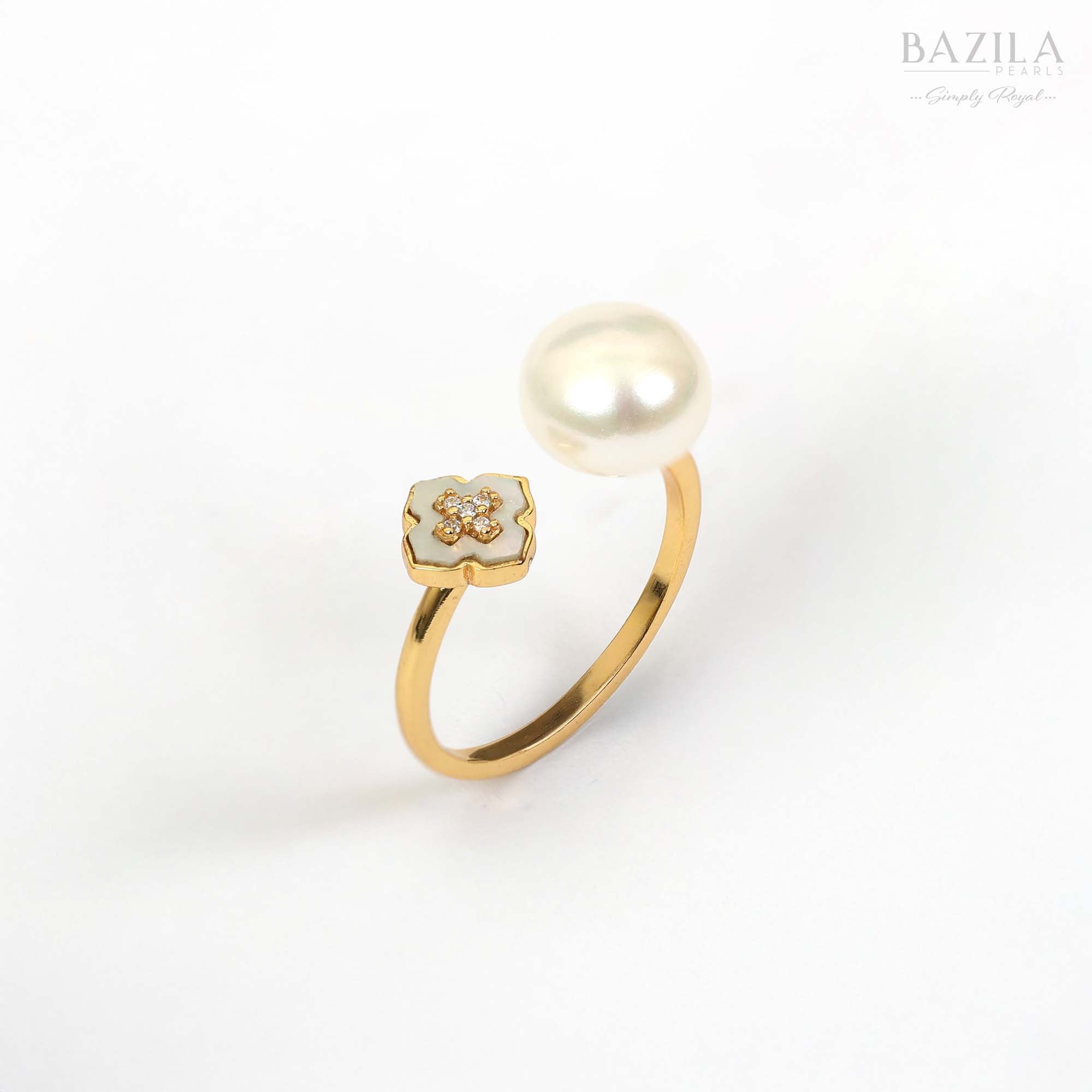 White Pearl Floral Ring in Gold Finish