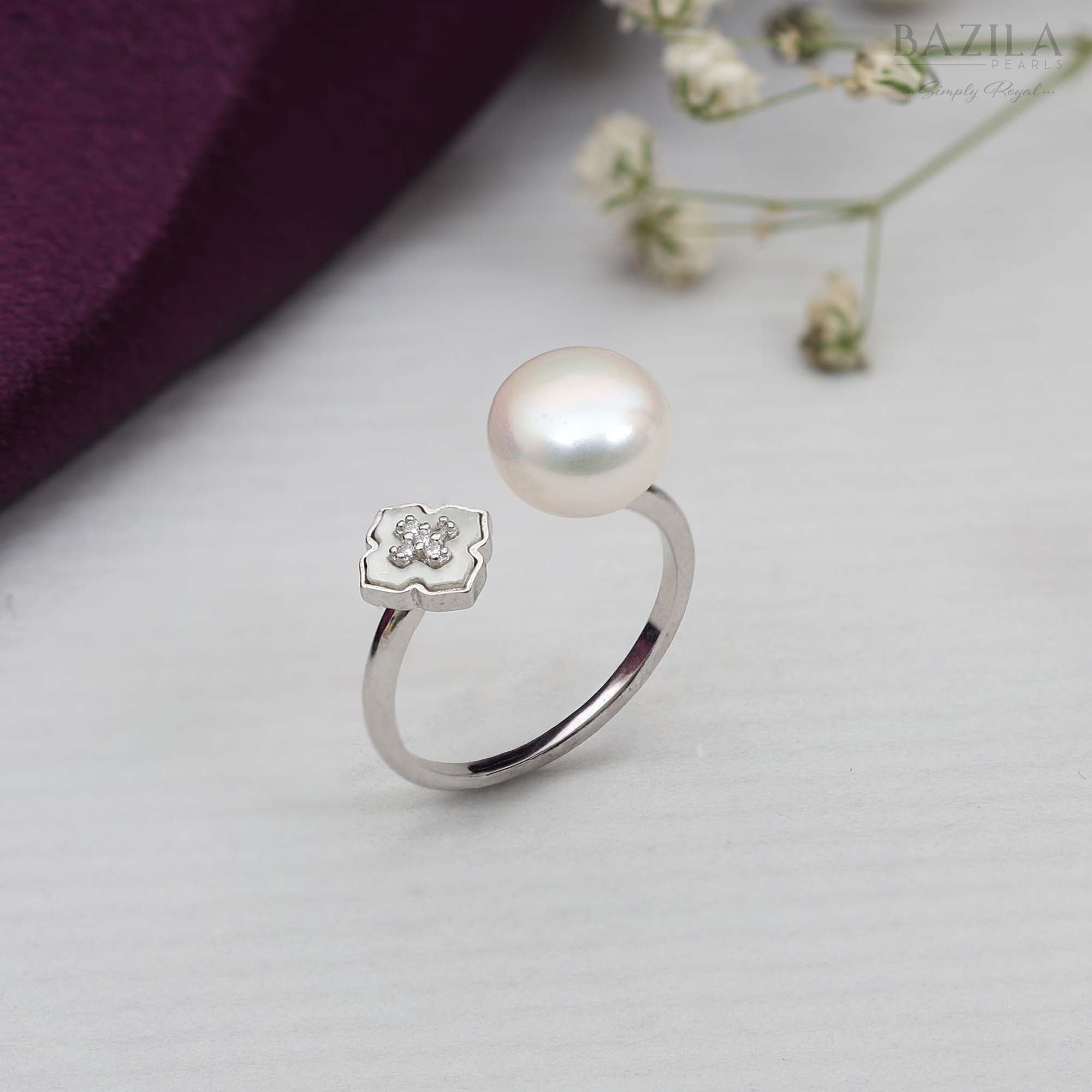 White Pearl Floral Ring in Silver Finish