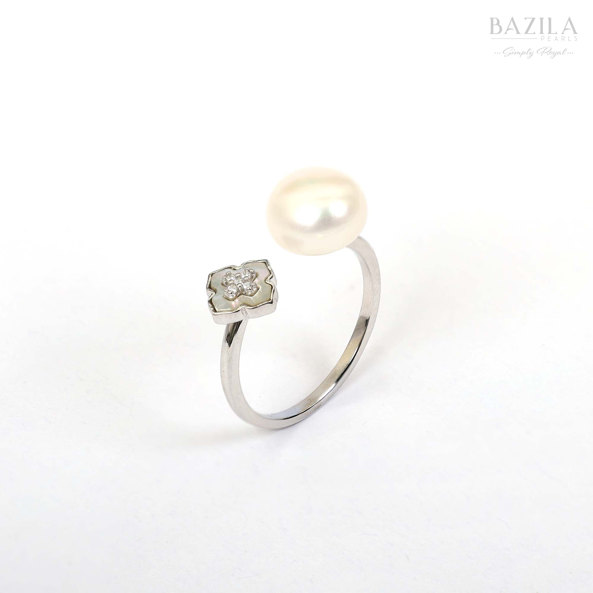 White Pearl Floral Ring in Silver Finish