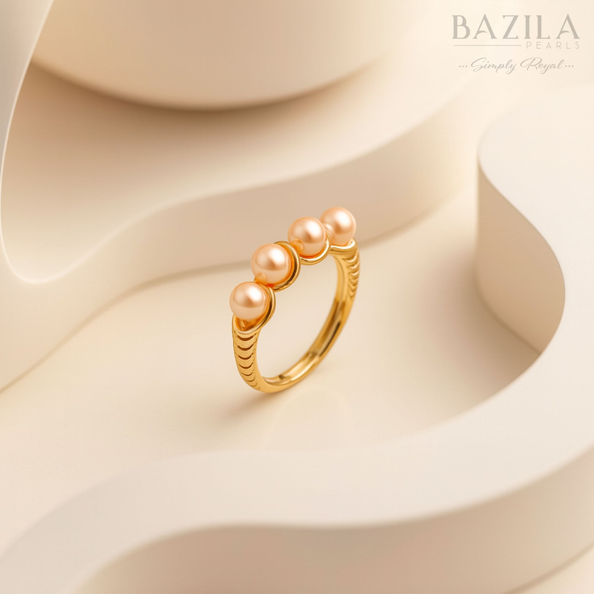 Delicate Four-Pearl Gold Ring with Textured Band Design