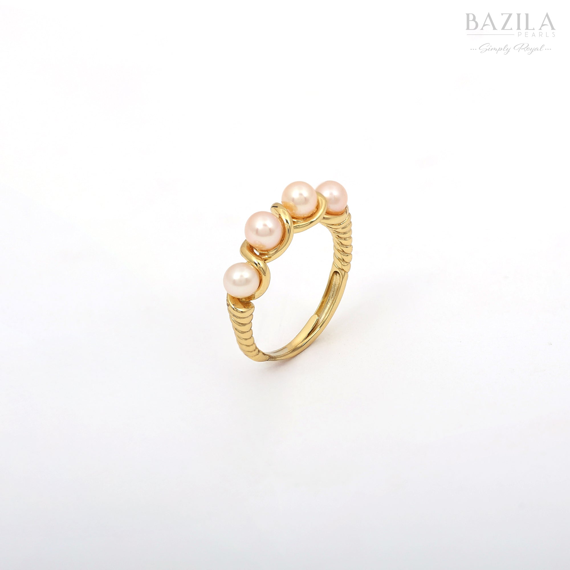 Delicate Four-Pearl Gold Ring with Textured Band Design