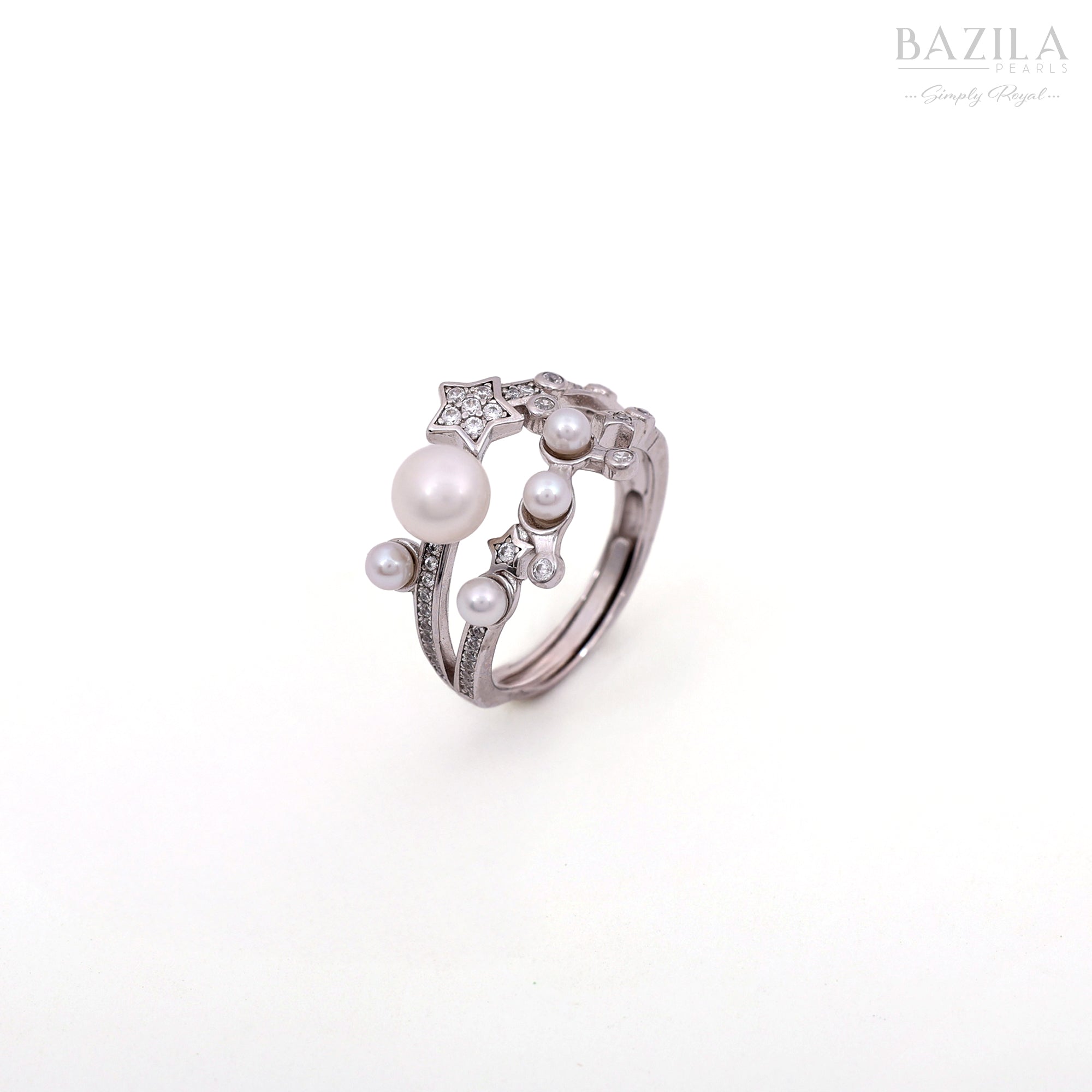 Star-Themed Freshwater Pearl & Zircon Silver Ring
