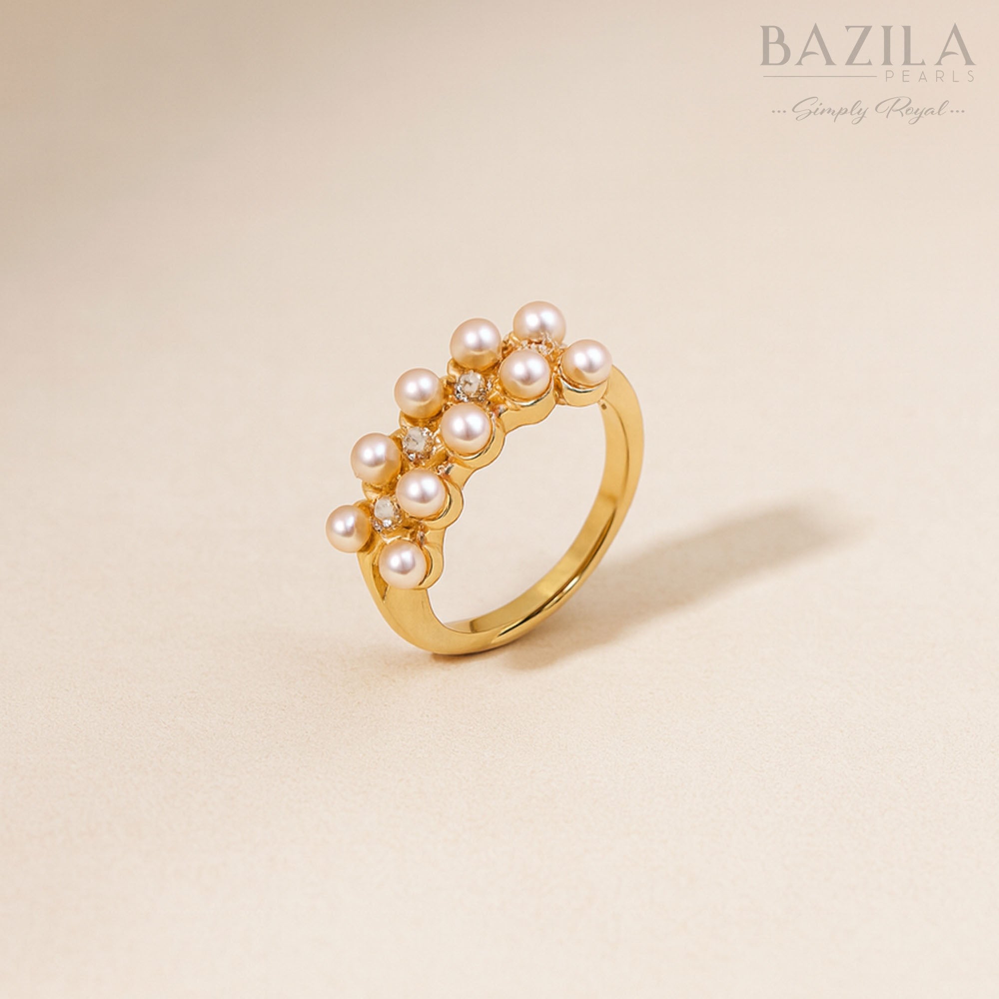 Elegant Multi-Pearl Gold Ring with Sparkling Zircon Accents