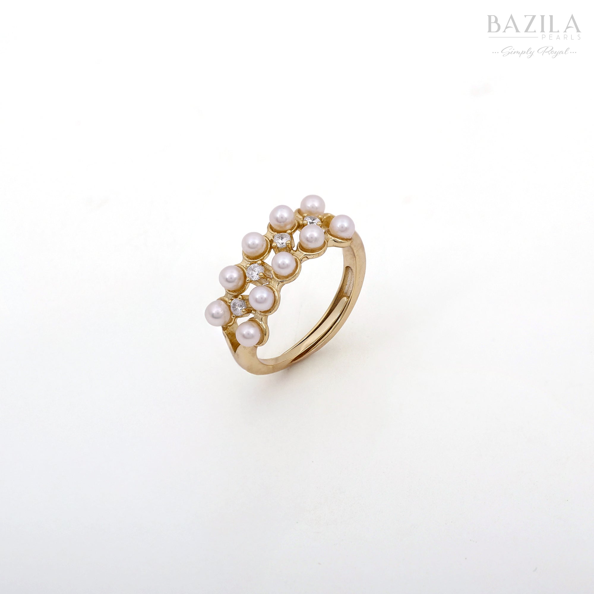 Elegant Multi-Pearl Gold Ring with Sparkling Zircon Accents