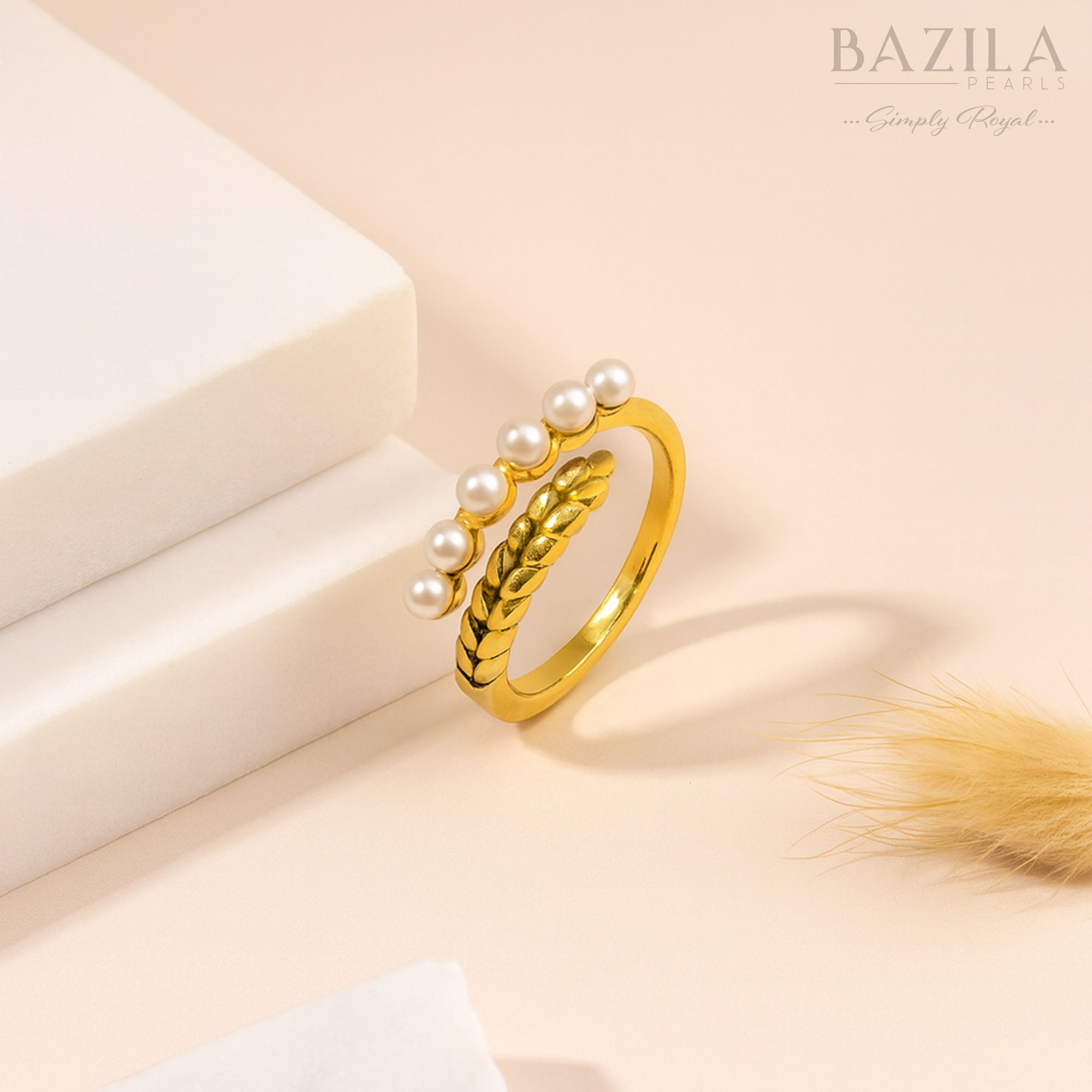 Dual-Band Freshwater Pearl & Leaf-Pattern Gold Ring