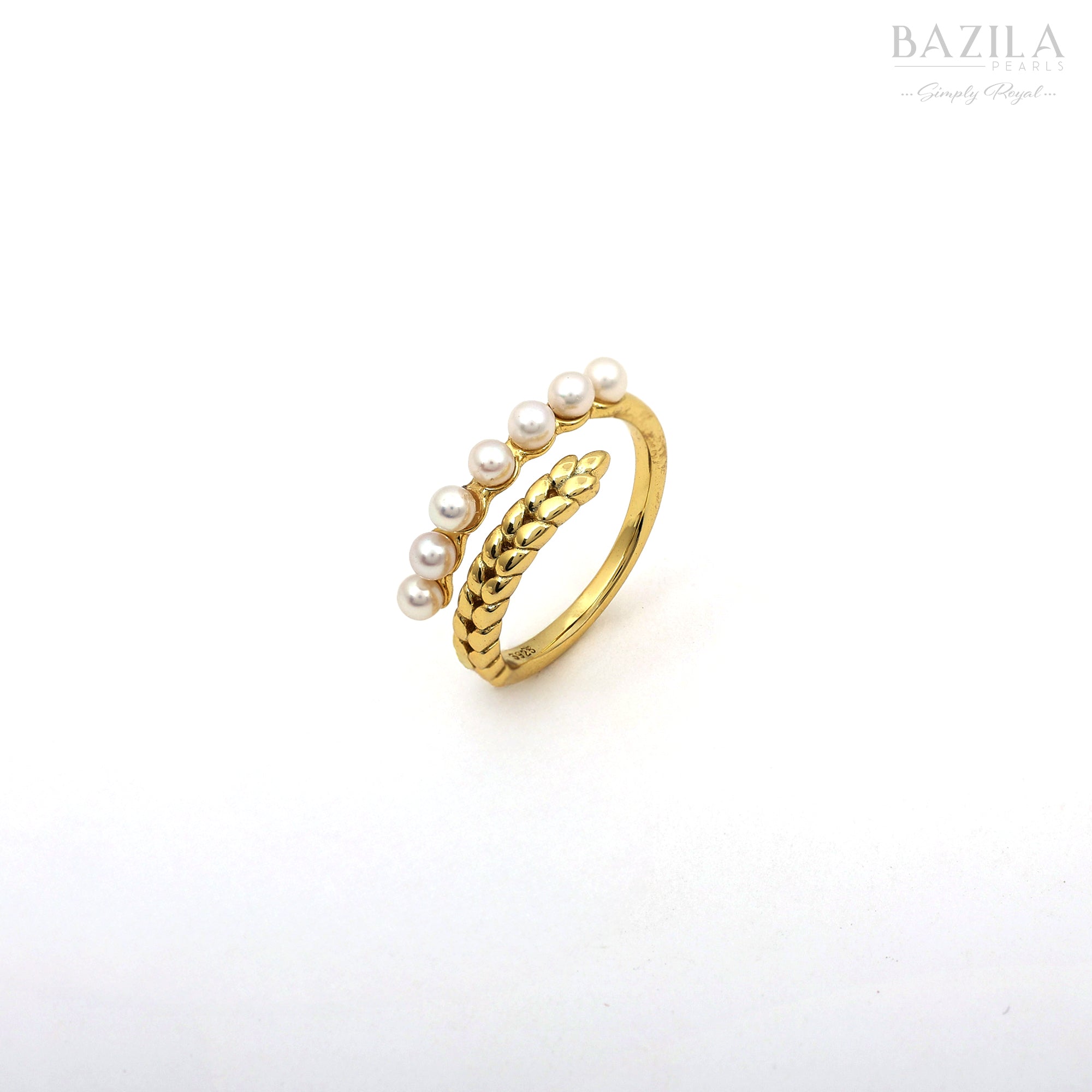 Dual-Band Freshwater Pearl & Leaf-Pattern Gold Ring