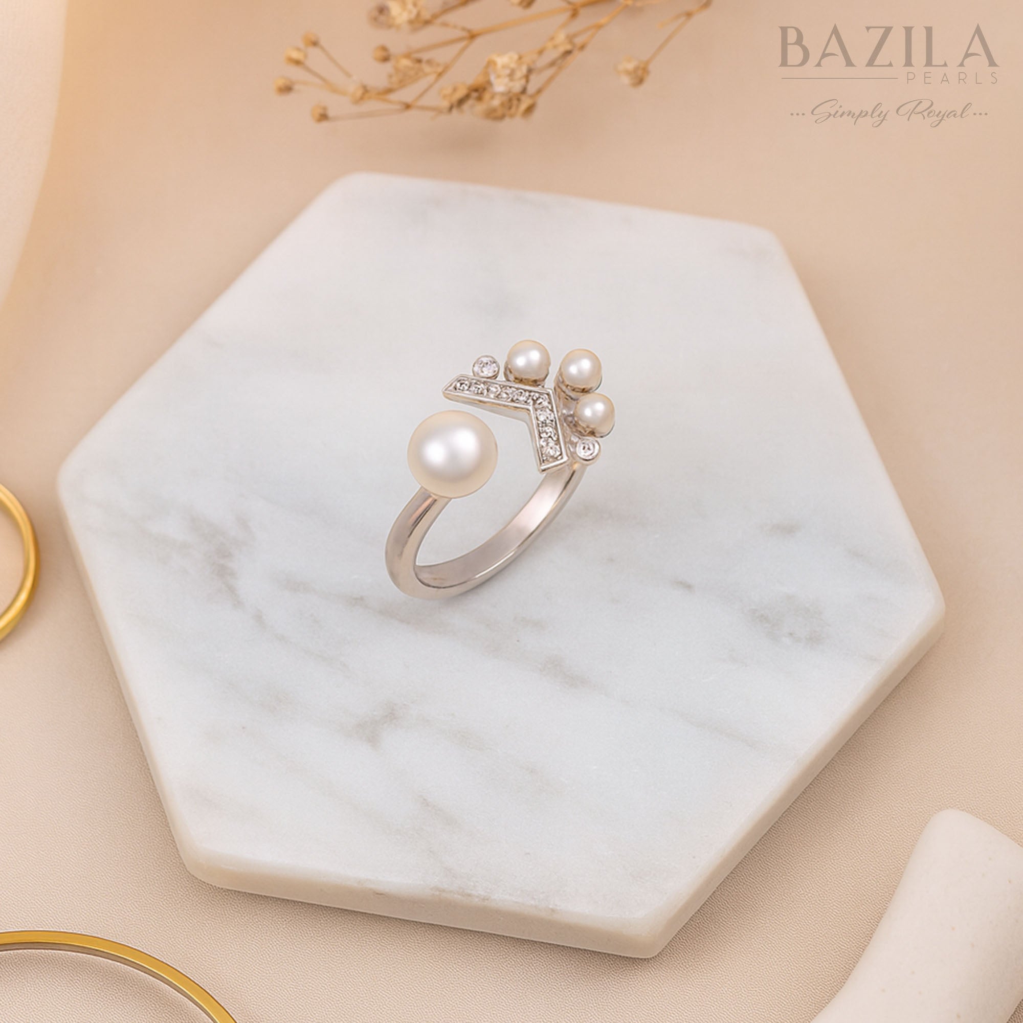Modern Freshwater Pearl & Zircon V-Design Silver Ring