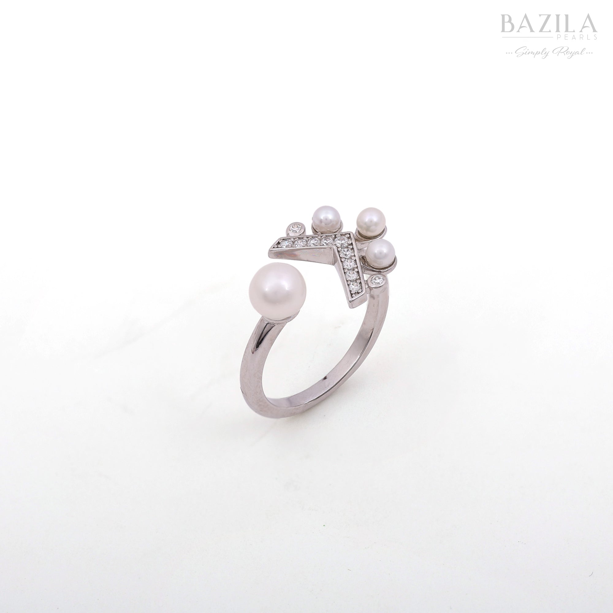 Modern Freshwater Pearl & Zircon V-Design Silver Ring