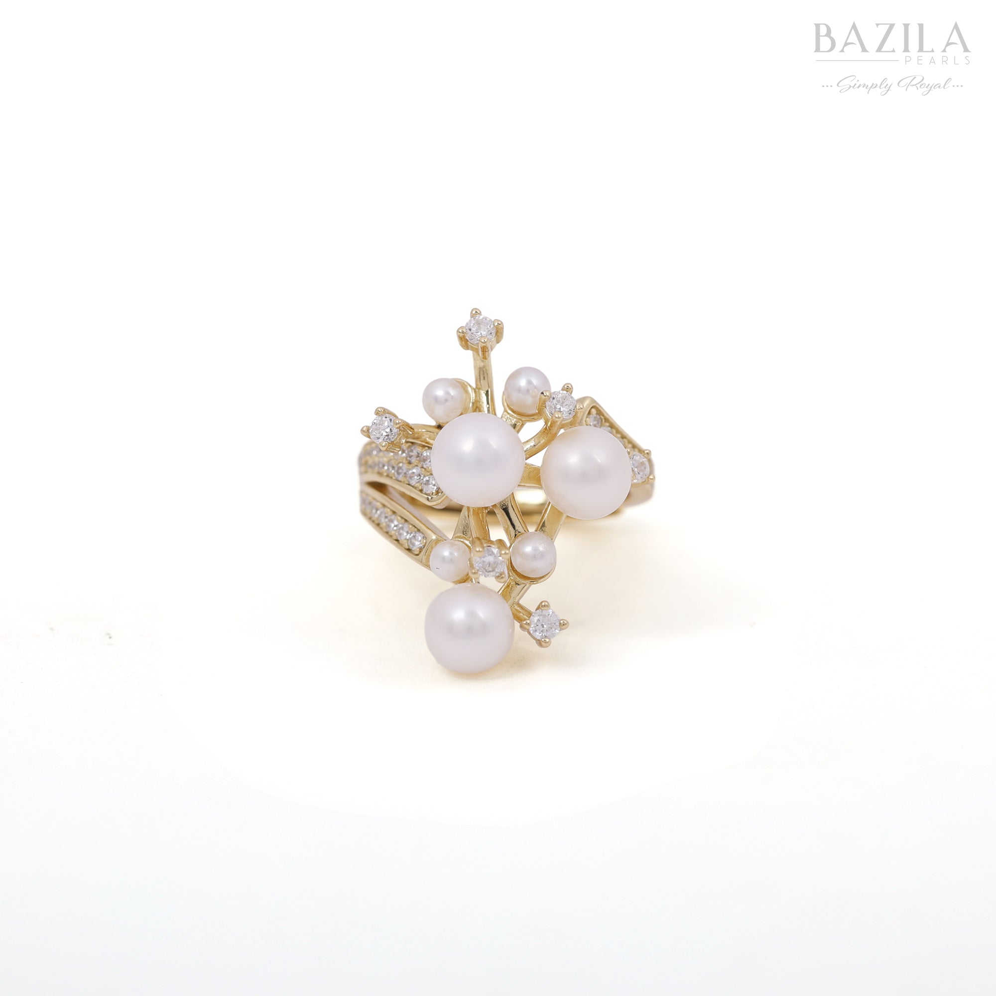 Statement Multi-Pearl Floral Cluster Ring in Gold with Sparkling Zircons