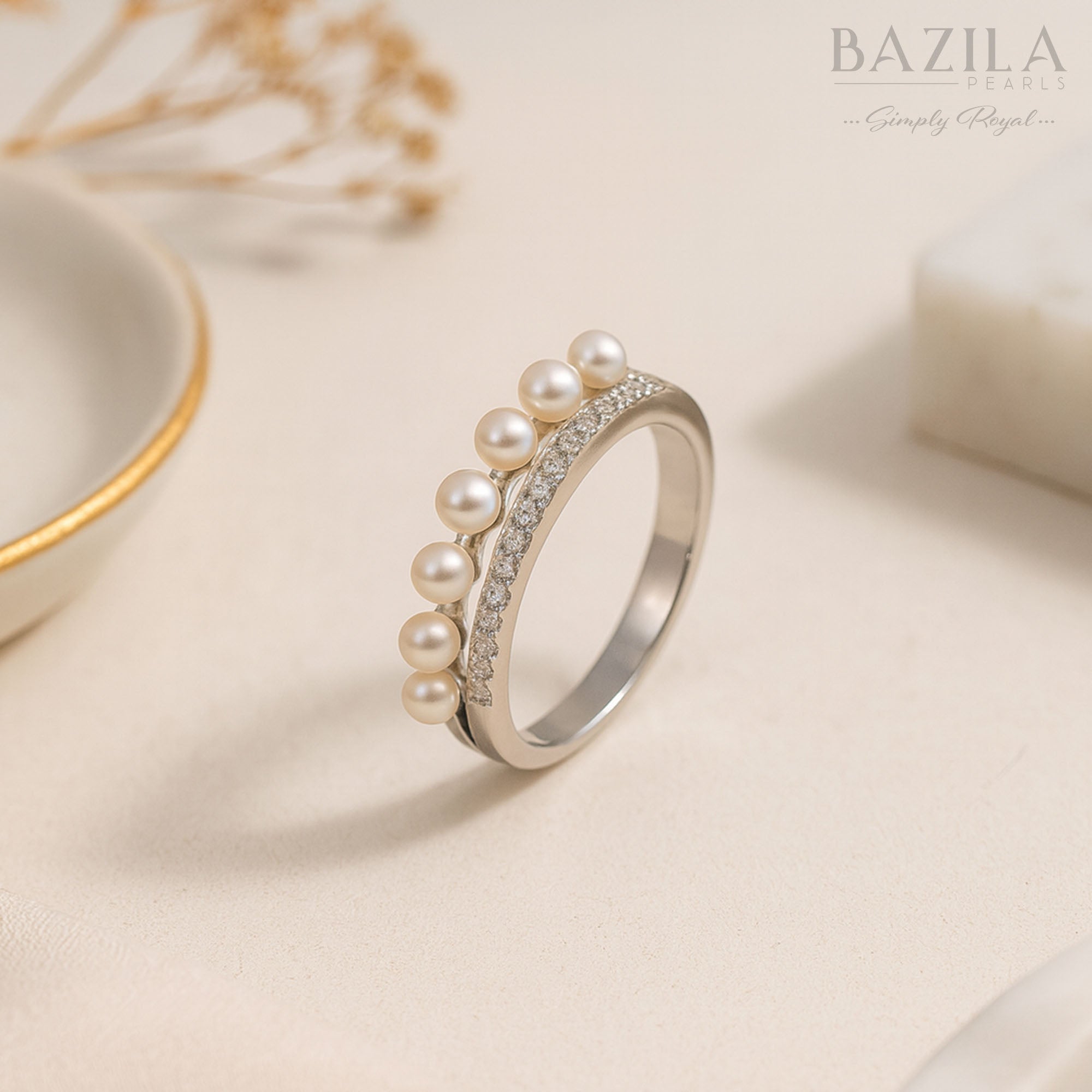 Elegant Freshwater Pearl Band Ring with Zircon Detailing