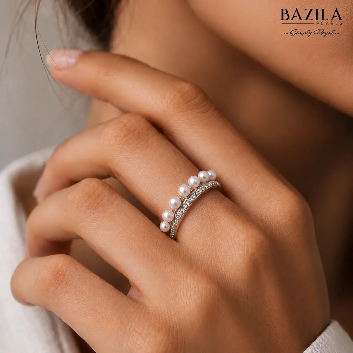 Elegant Freshwater Pearl Band Ring with Zircon Detailing