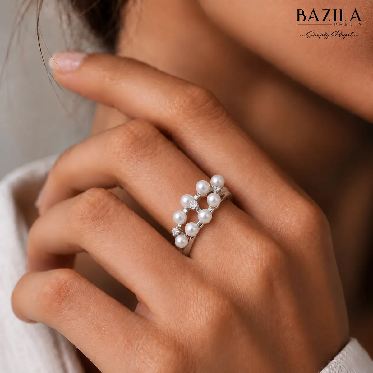Elegant Multi-Pearl & Zircon Cluster Ring in Sterling Silver