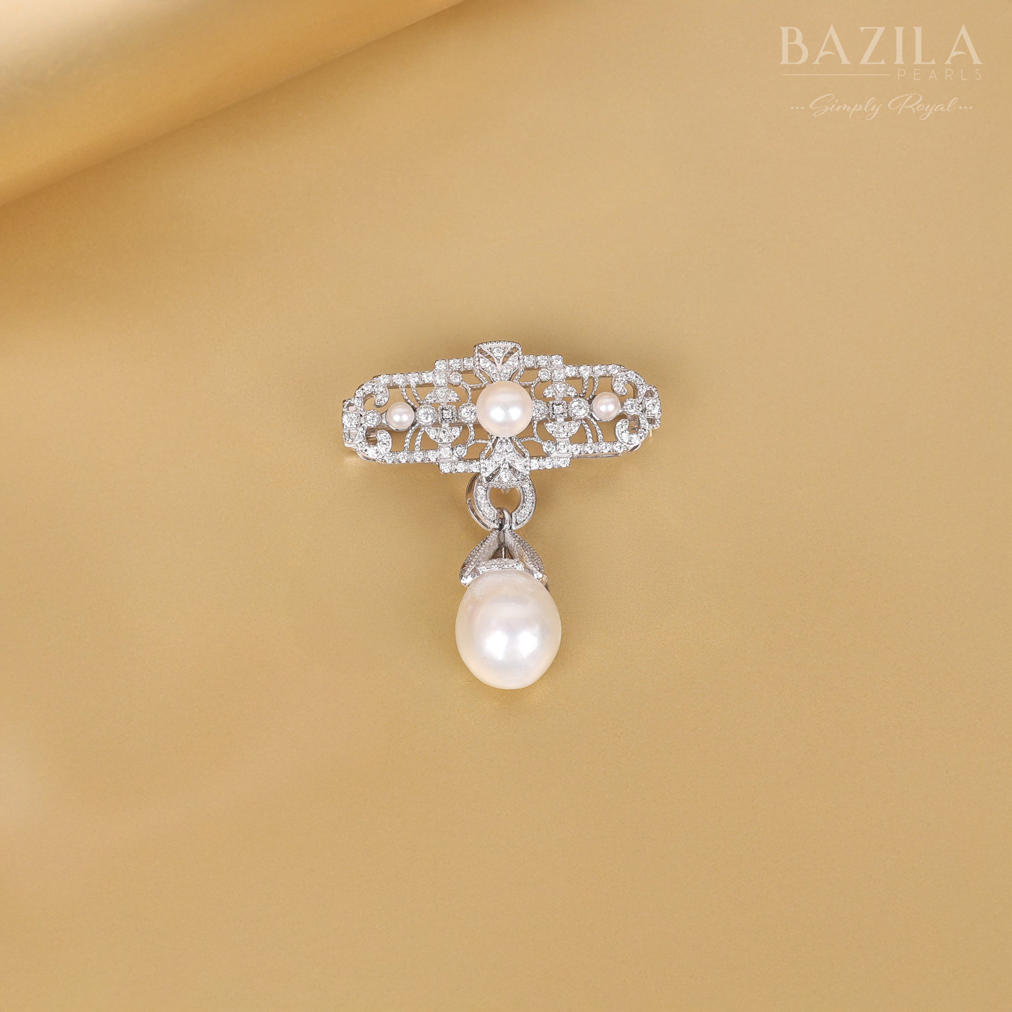 Luxury Silver Brooch Featuring South Sea Pearls and Ornate Zircon Filigree