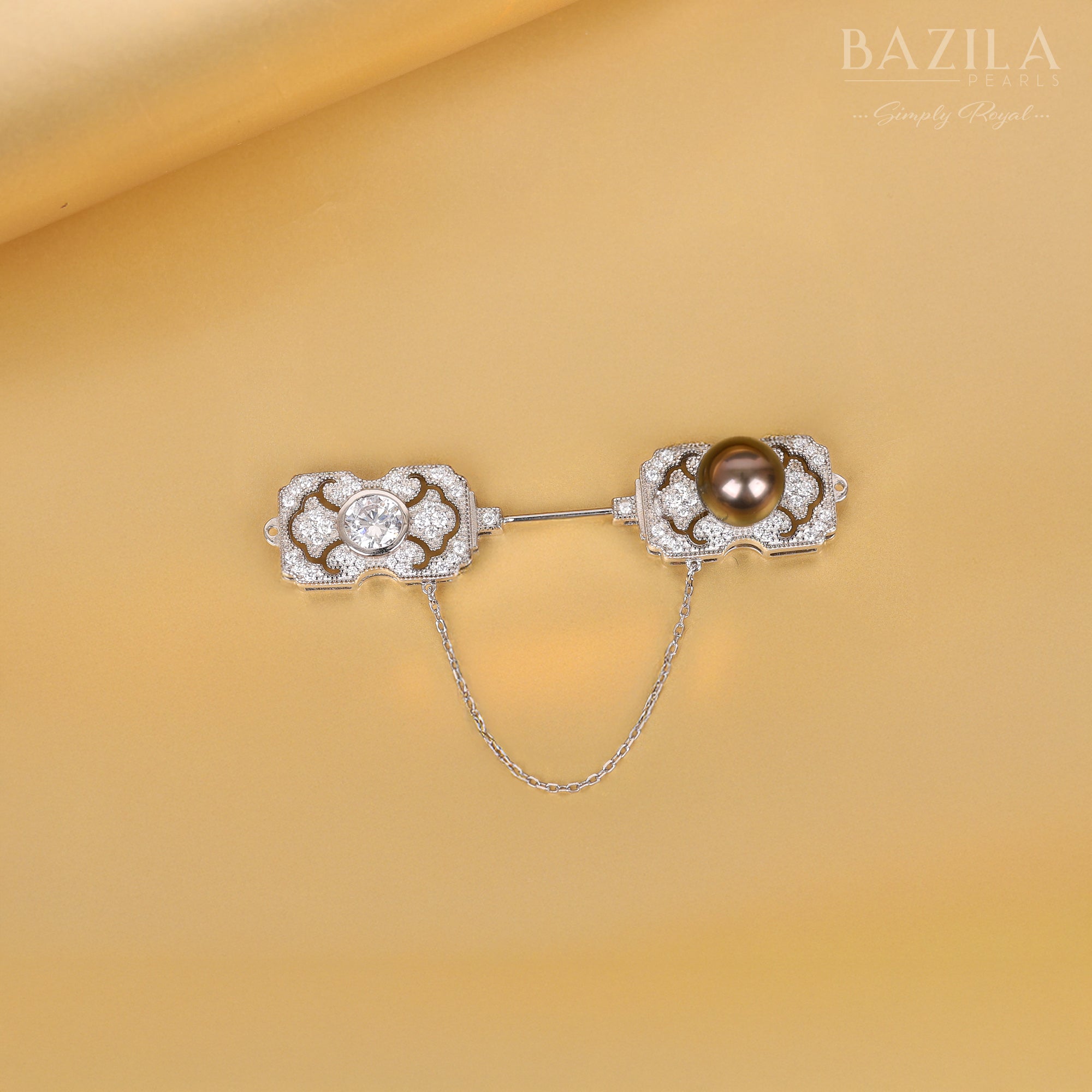 Vintage-Inspired Silver Brooch with Tahitian Pearl and Sparkling Zircon