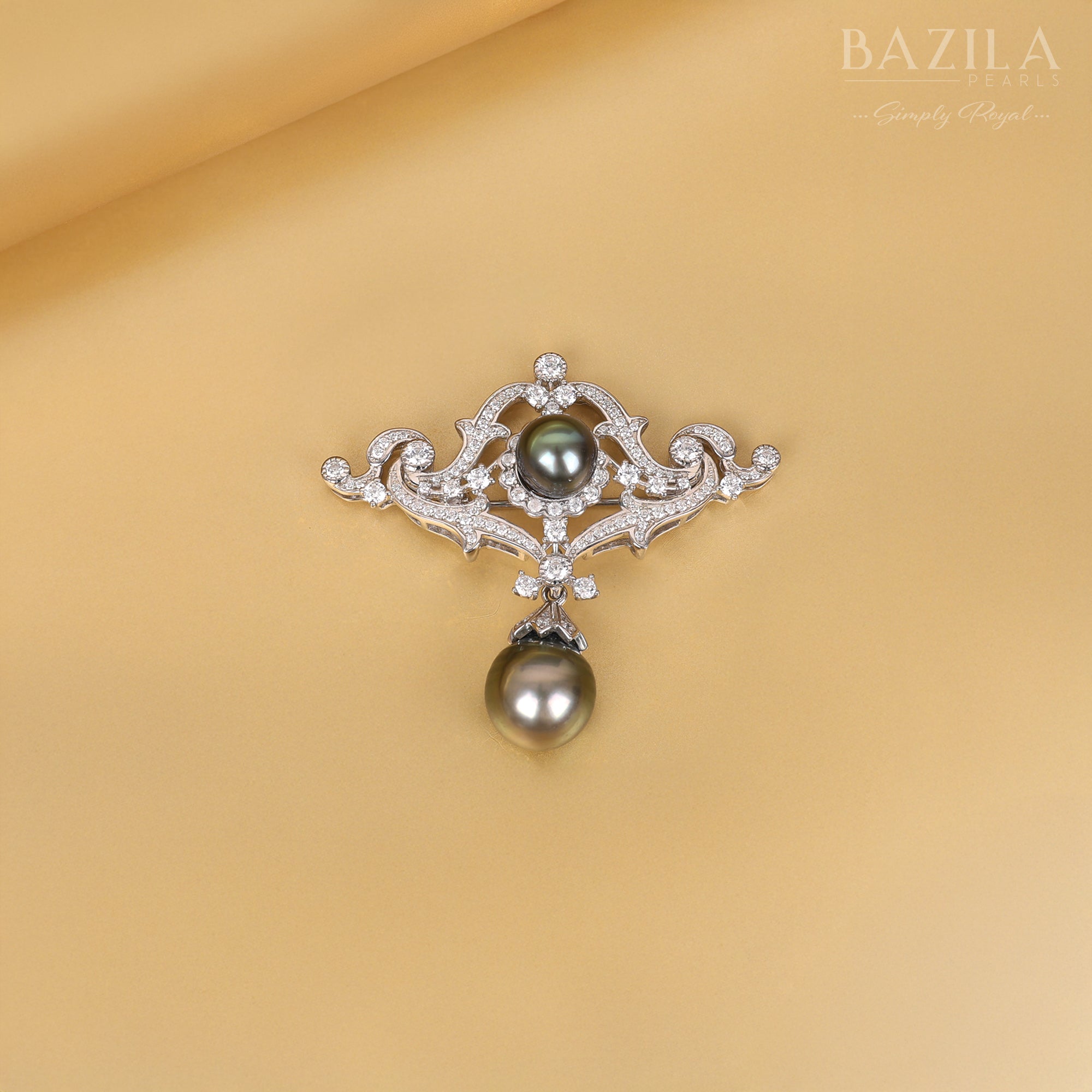 Handcrafted Silver Brooch with Dual Tahitian Pearls and Dazzling Zircon
